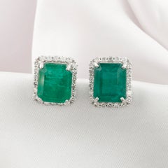 11.34 Ct Zambian Emerald 0.99 Ct Natural Diamond Stud Earrings 18K White Gold
