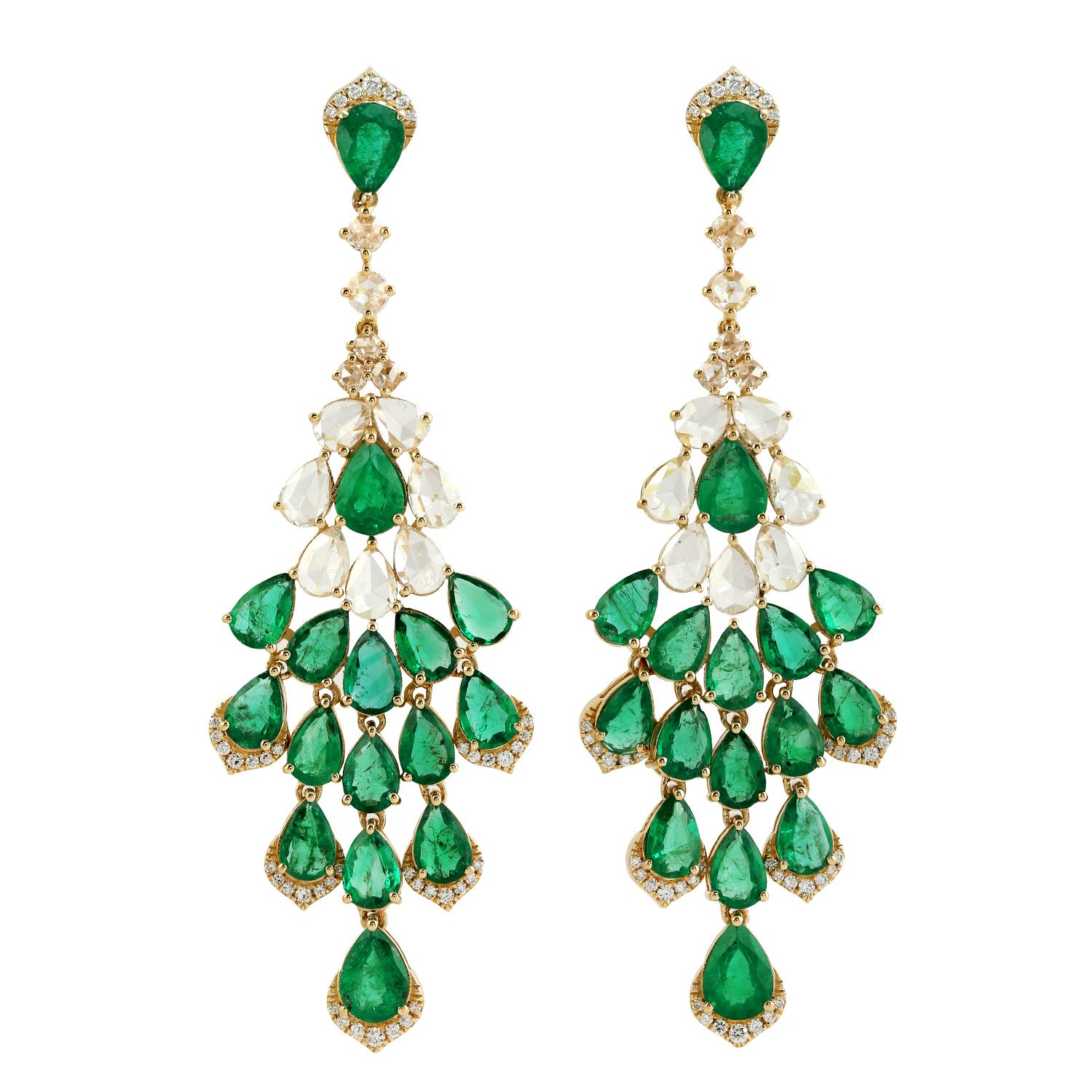 Mixed Cut 11.34ct Pear Shaped Emerald Dangle Earrings With Diamonds In 18k Yellow Gold For Sale