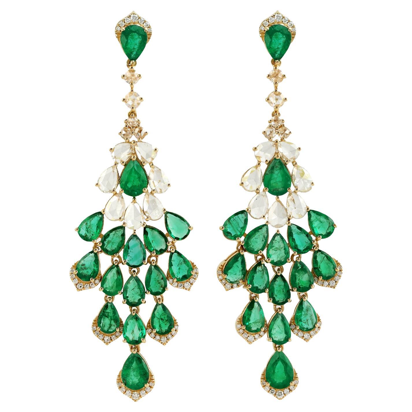 11.34ct Pear Shaped Emerald Dangle Earrings With Diamonds In 18k Yellow Gold For Sale