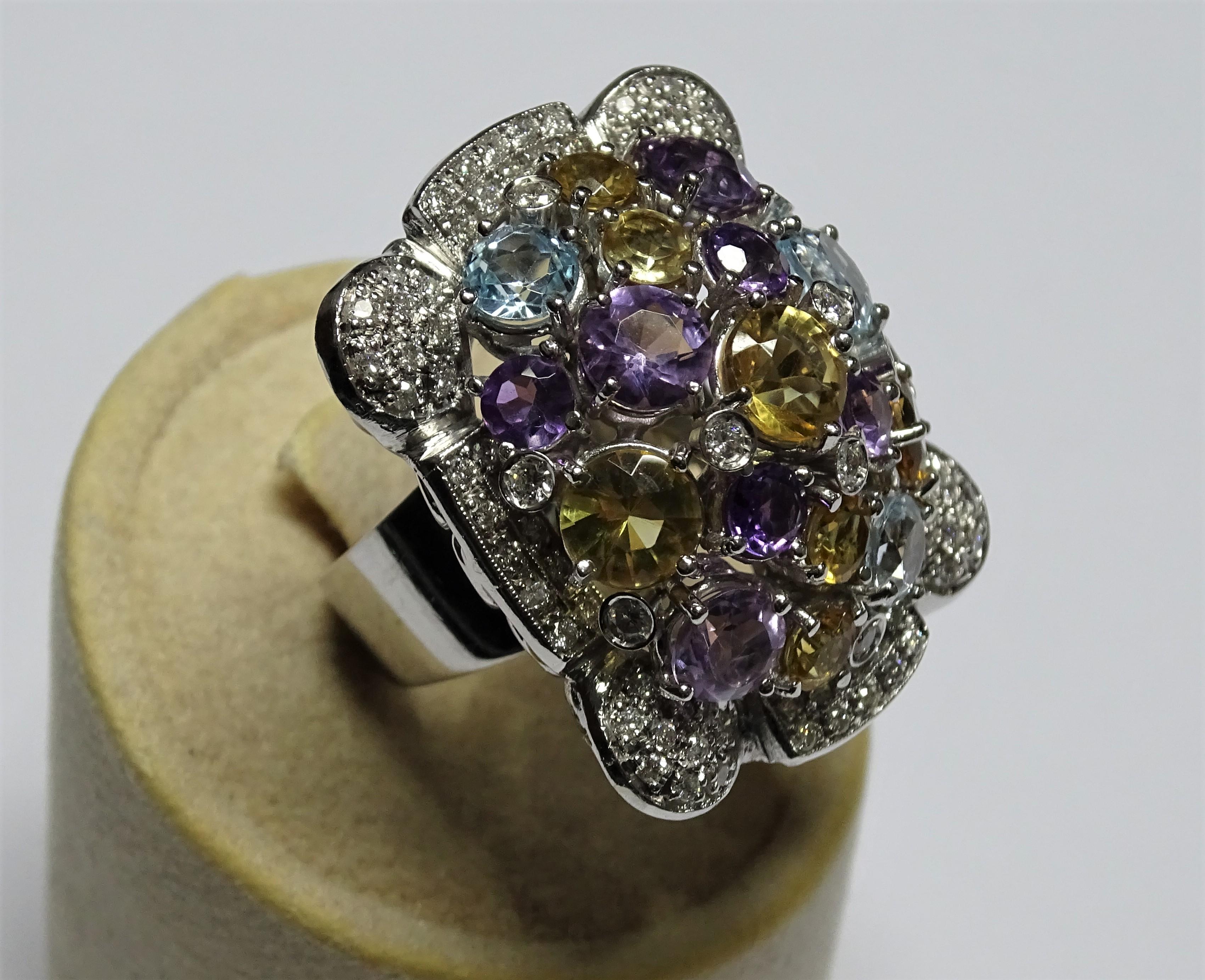 Modern 11.35 Carat Citrine Amethyst Blue Topaz White Diamond 18 Karat White Gold Ring For Sale