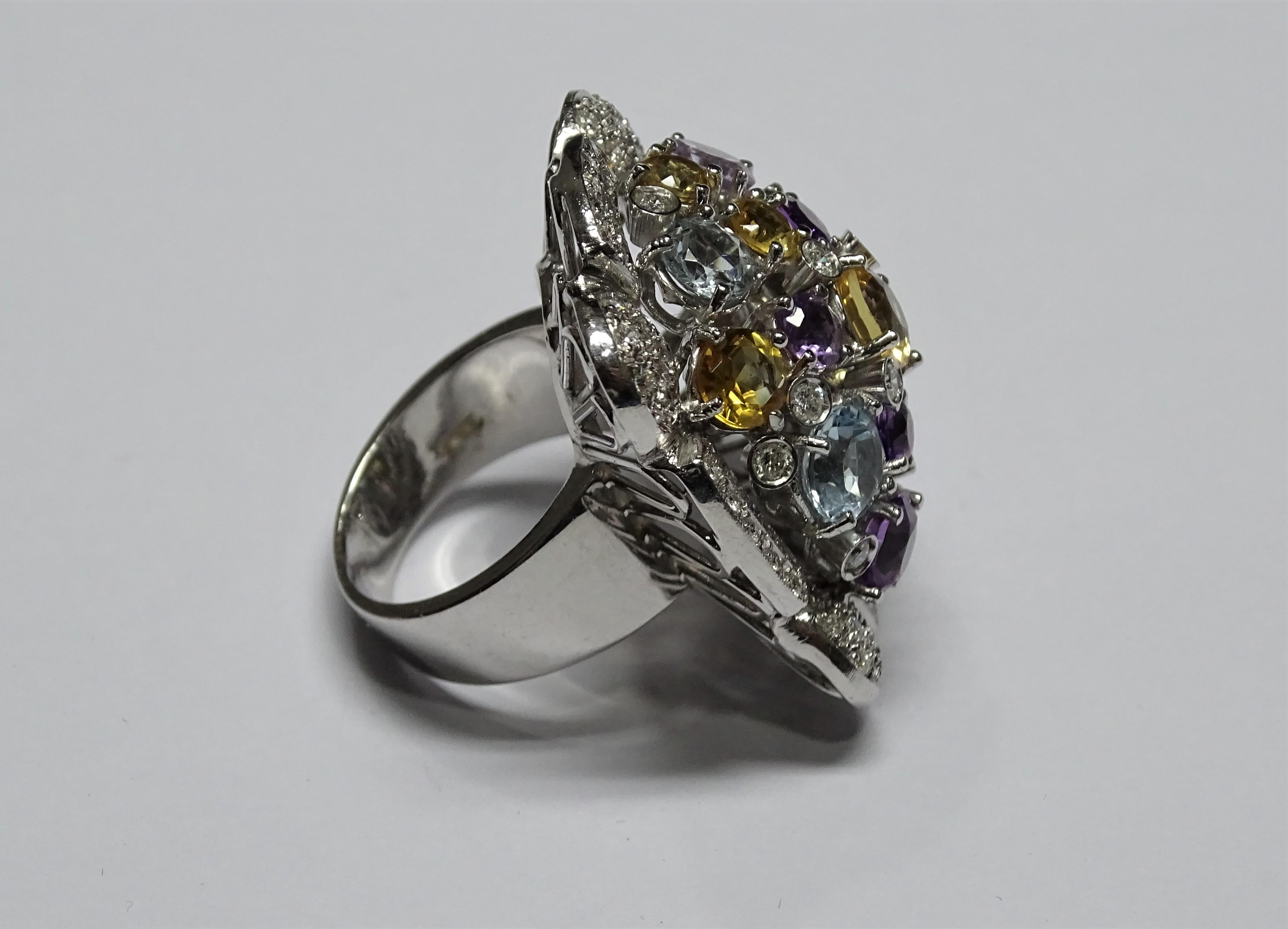 11.35 Carat Citrine Amethyst Blue Topaz White Diamond 18 Karat White Gold Ring In New Condition For Sale In Marcianise, IT