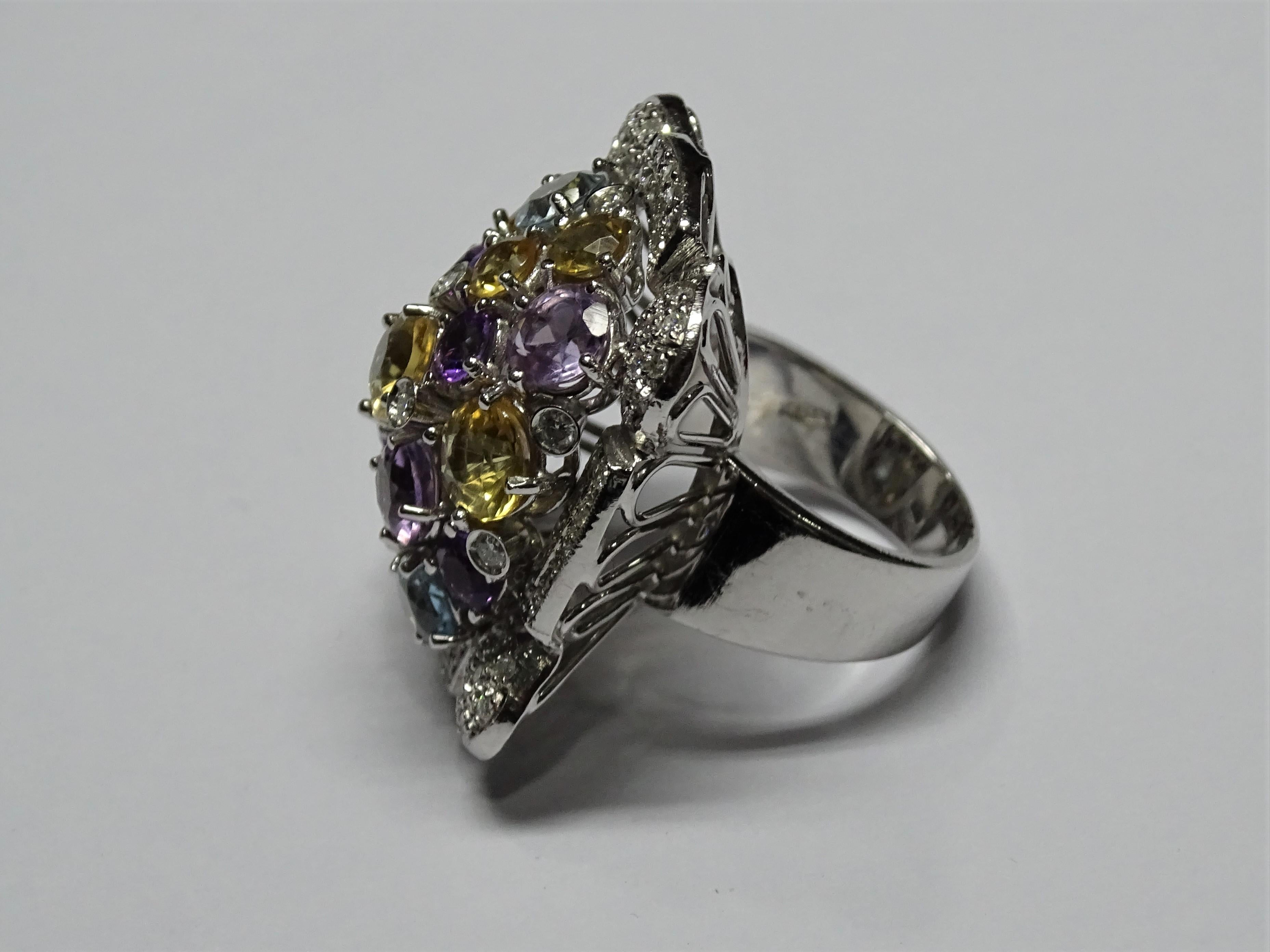 11.35 Carat Citrine Amethyst Blue Topaz White Diamond 18 Karat White Gold Ring For Sale 1