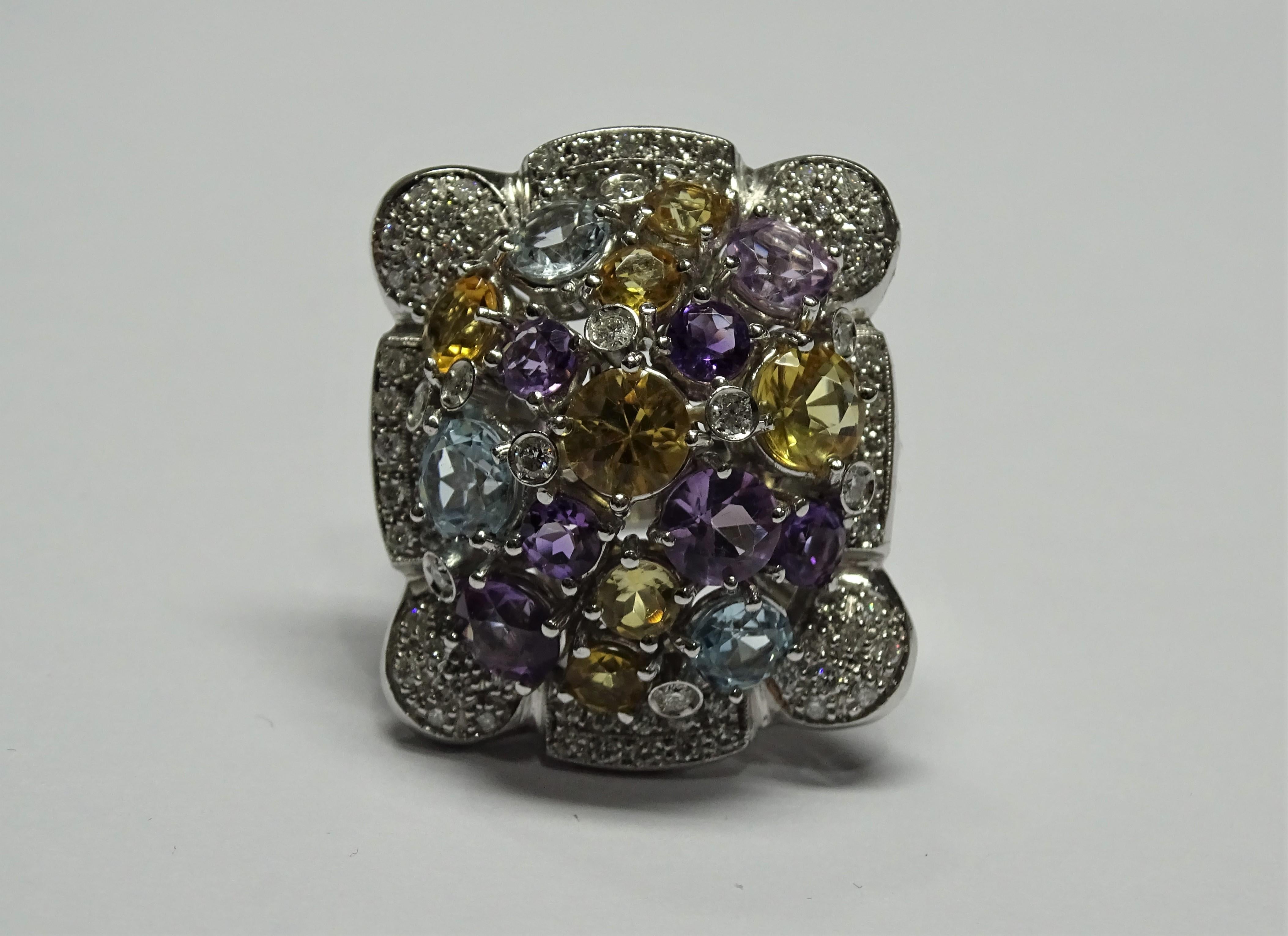 11.35 Carat Citrine Amethyst Blue Topaz White Diamond 18 Karat White Gold Ring For Sale 2