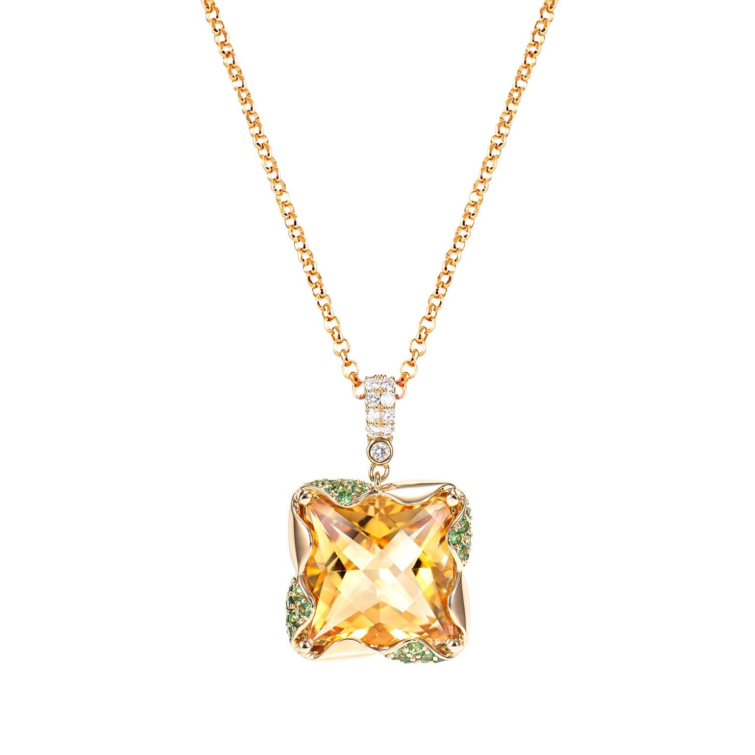 It is fancy Citrine Pendant in a Square shape with yellow hue. The Pendant is elegant and can be worn for many occasions. The Tsavorite around the Pendant add to the beauty and elegance of the Pendant. These beautiful gems make great gifts for