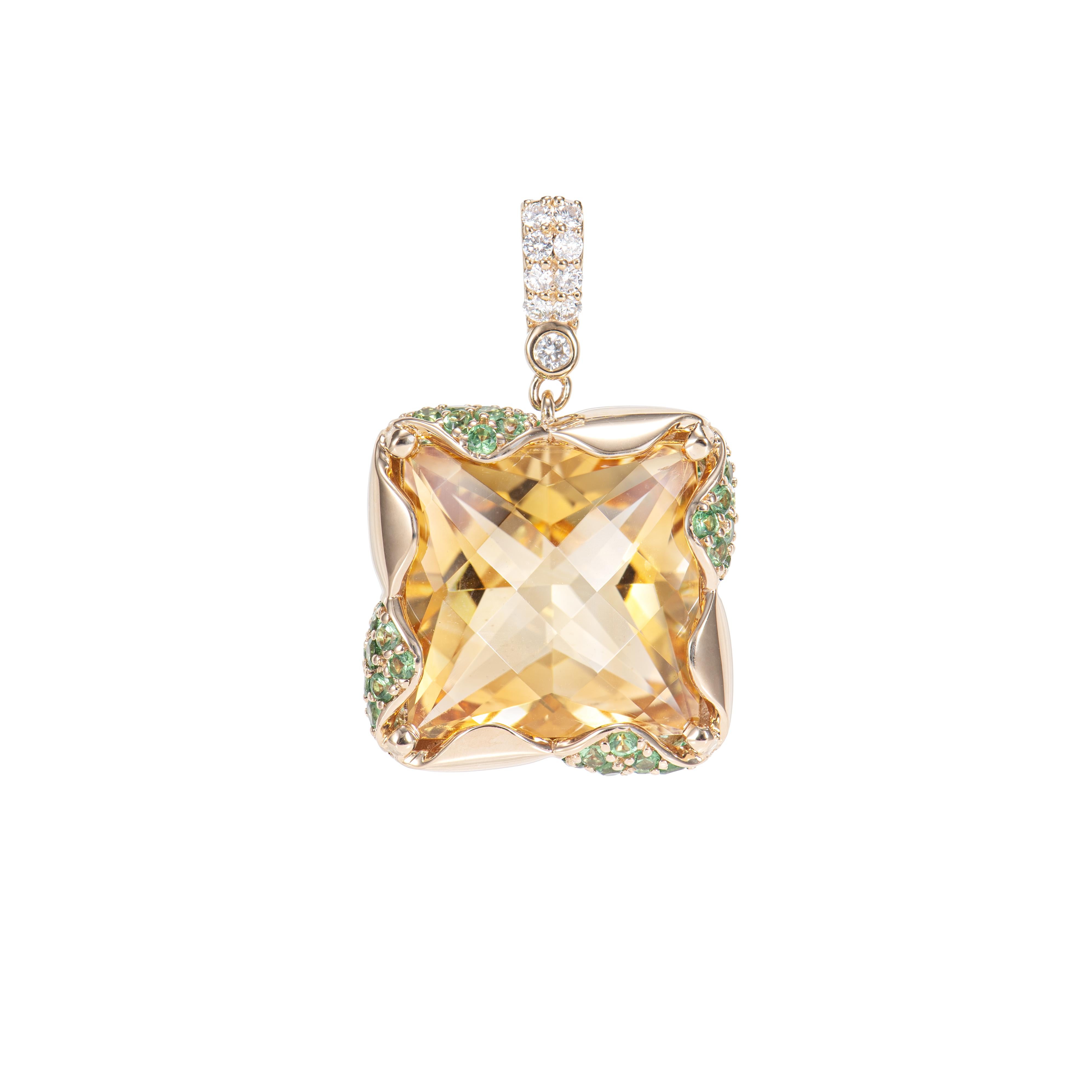 Contemporary 11.35 Carat Citrine Pendant in 18KYG with Tsavorite and White Diamond. For Sale
