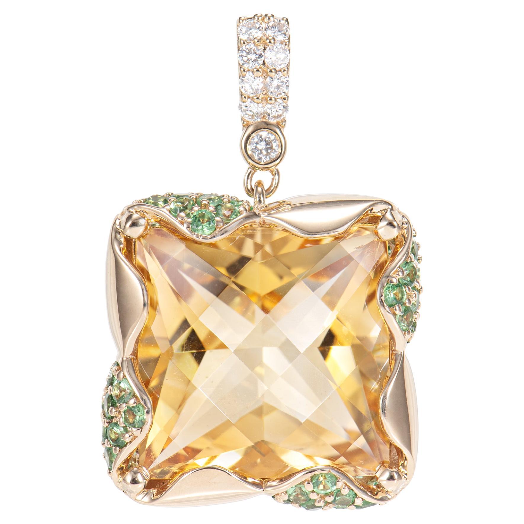 11.35 Carat Citrine Pendant in 18KYG with Tsavorite and White Diamond. For Sale