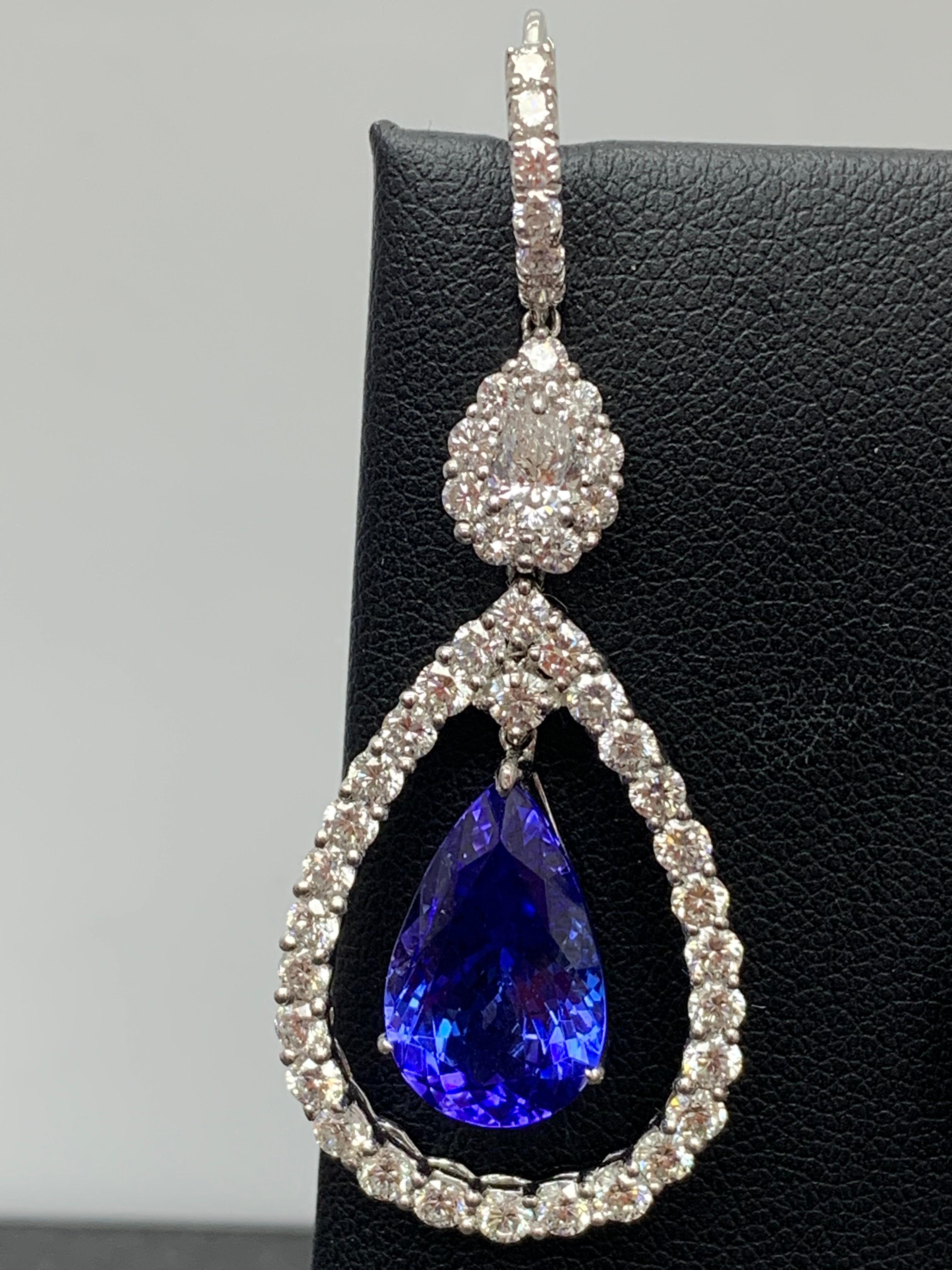 Modern 11.35 Carat PEAR shape Tanzanite and Diamond Drop Earrings in Platinum For Sale