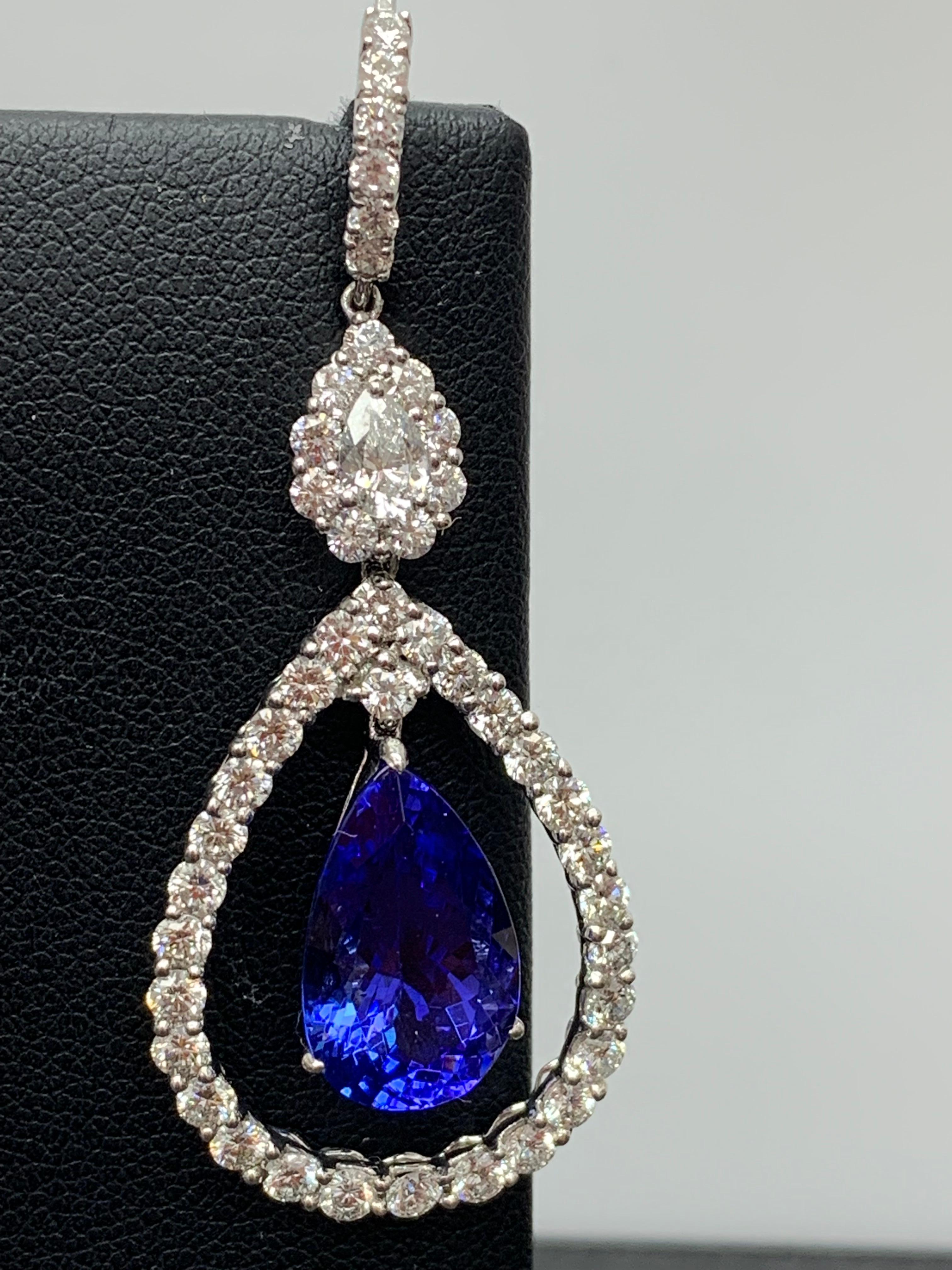 Pear Cut 11.35 Carat PEAR shape Tanzanite and Diamond Drop Earrings in Platinum For Sale