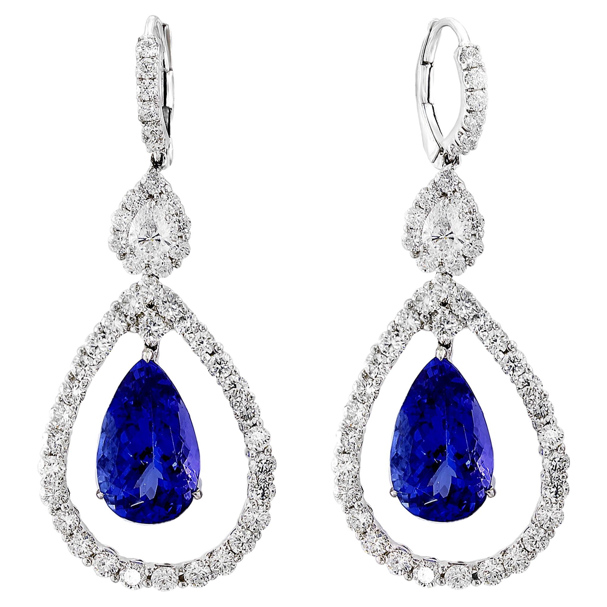 11.35 Carat PEAR shape Tanzanite and Diamond Drop Earrings in Platinum