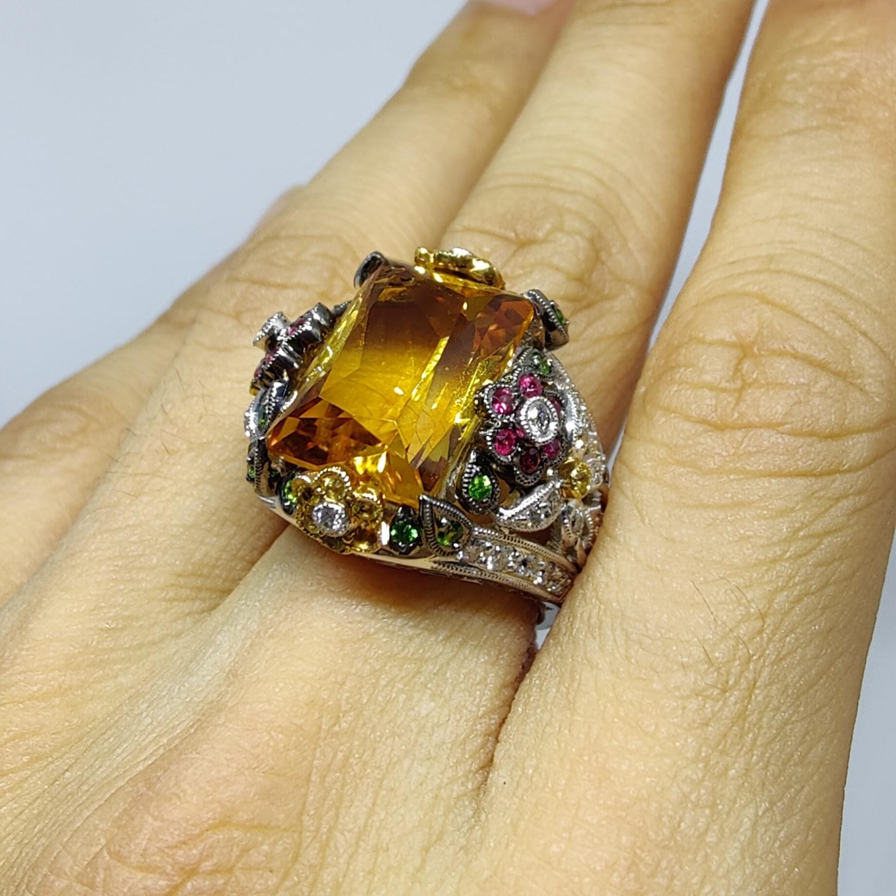 Baroque 11.35ct Topaz, Ruby, Emerald, Yellow Sapphire & Diamond Cocktail Ring For Sale 4