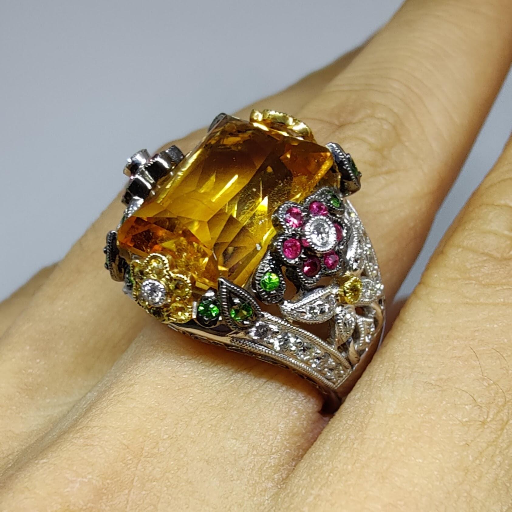 Baroque 11.35ct Topaz, Ruby, Emerald, Yellow Sapphire & Diamond Cocktail Ring For Sale 5