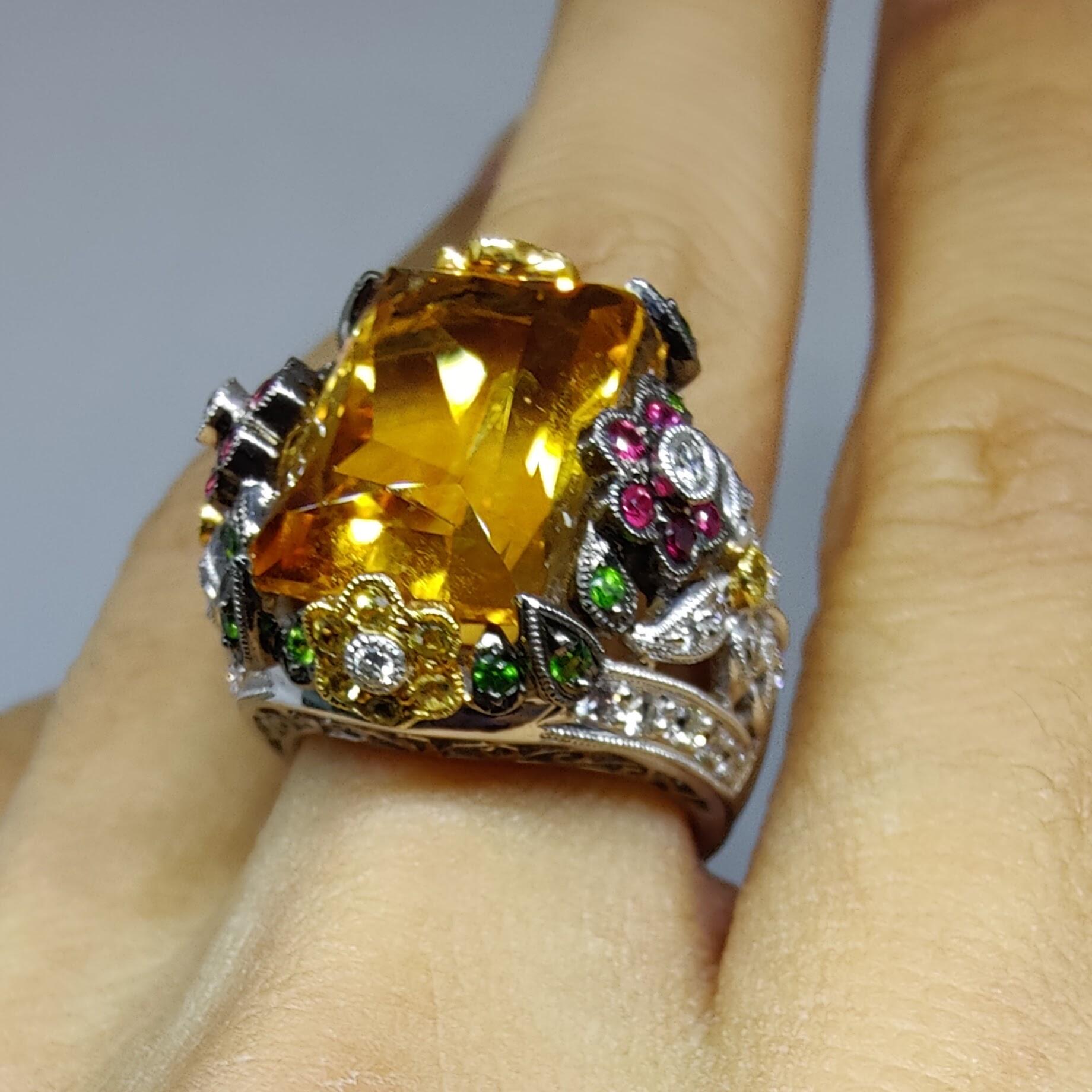 Baroque 11.35ct Topaz, Ruby, Emerald, Yellow Sapphire & Diamond Cocktail Ring For Sale 6