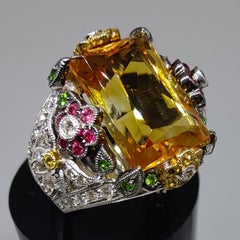 Baroque 11.35ct Topaz, Ruby, Emerald, Yellow Sapphire & Diamond Cocktail Ring