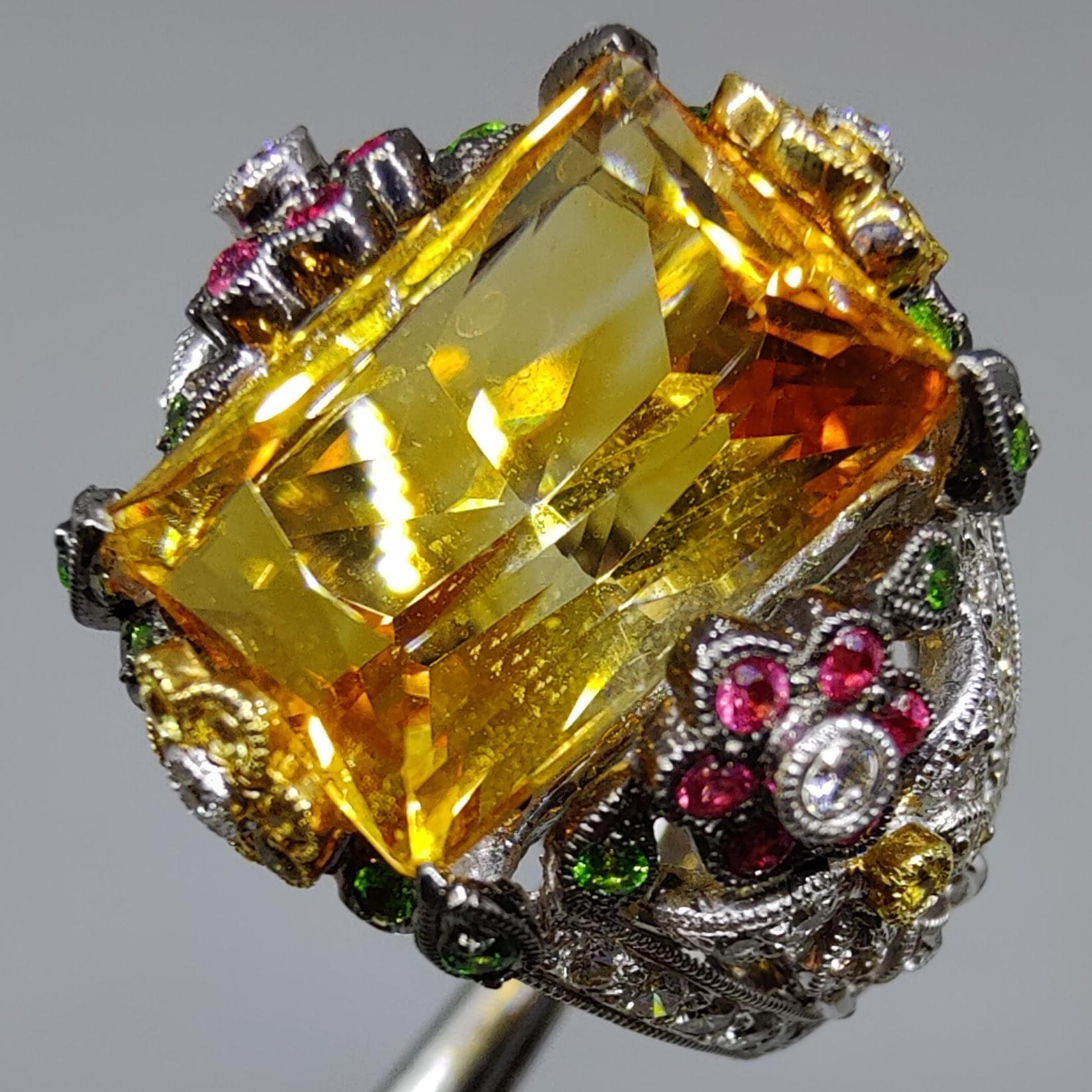 Emerald Cut Baroque 11.35ct Topaz, Ruby, Emerald, Yellow Sapphire & Diamond Cocktail Ring For Sale