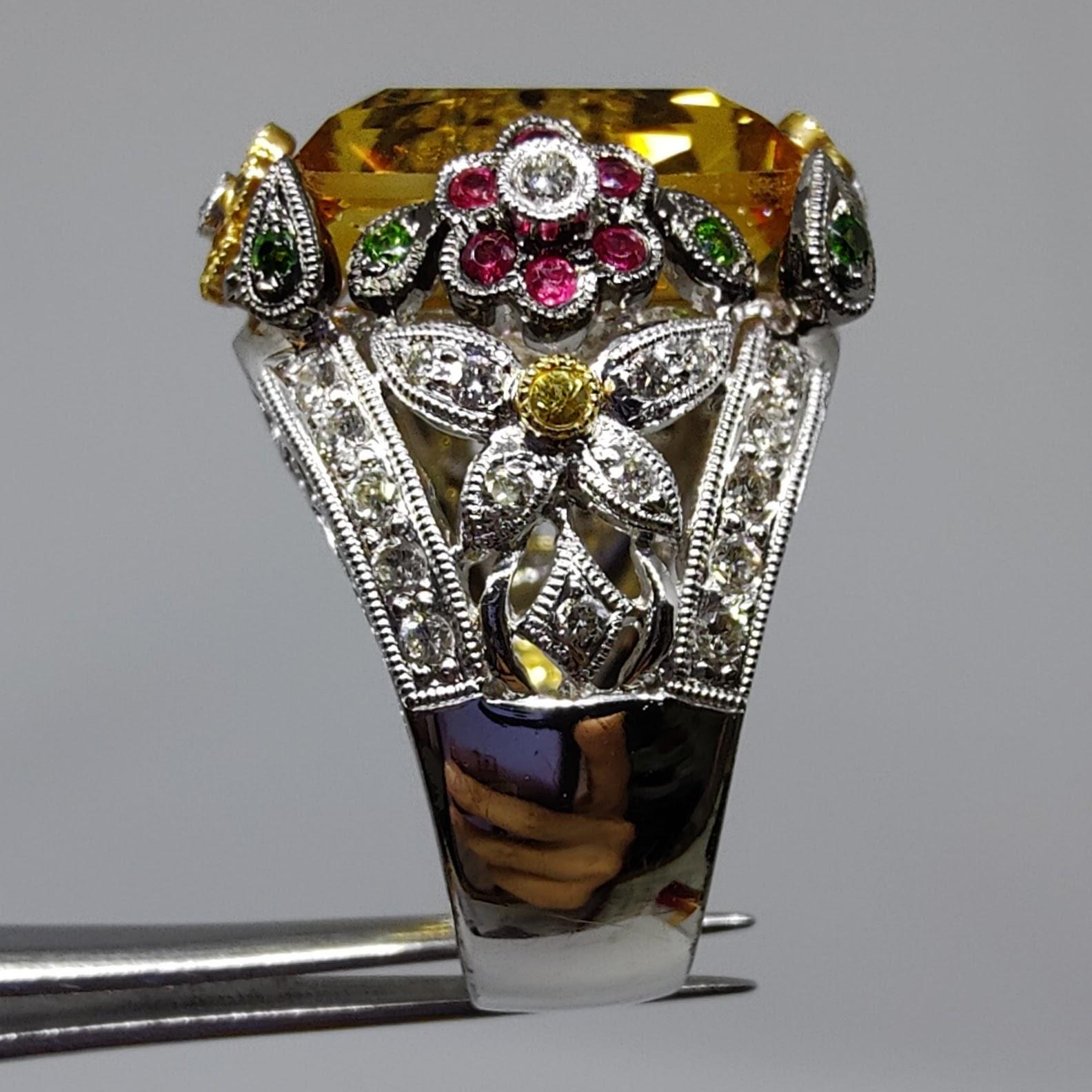 Baroque 11.35ct Topaz, Ruby, Emerald, Yellow Sapphire & Diamond Cocktail Ring For Sale 1
