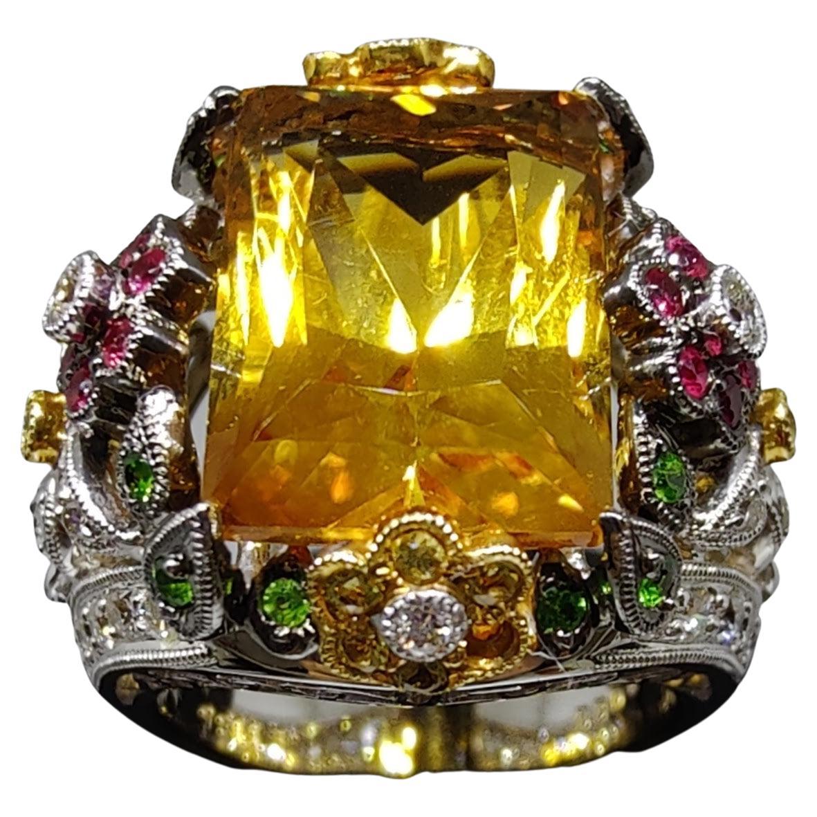 Baroque 11.35ct Topaz, Ruby, Emerald, Yellow Sapphire & Diamond Cocktail Ring For Sale