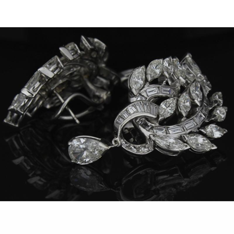 Contemporary 11.35 Carat Total Marquise, Baguette and Round Diamond Earrings in Platinum