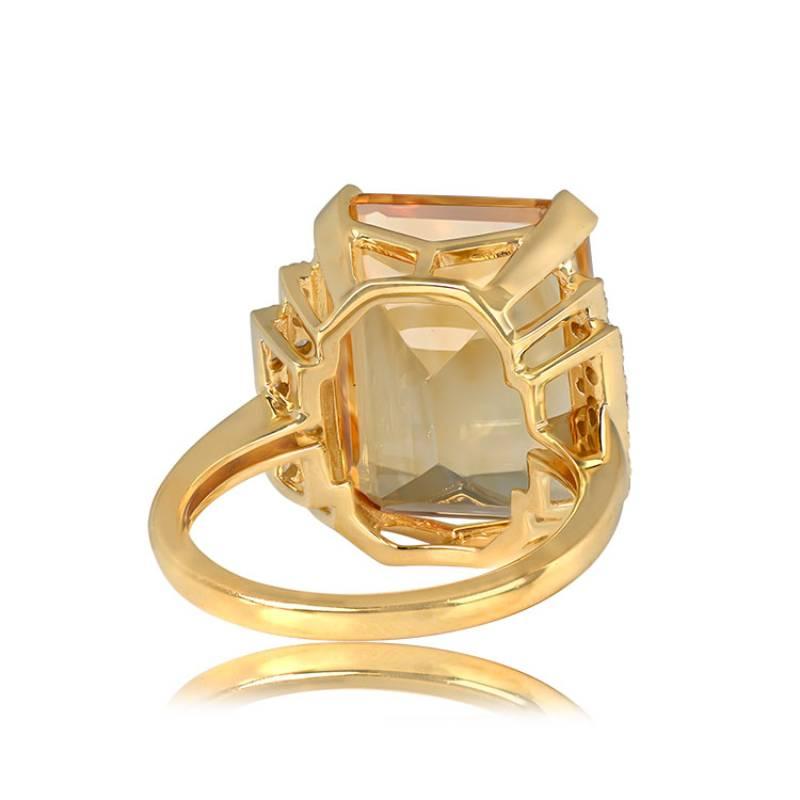 Art Deco 11.35ct Emerald Cut Natural Citrine Cocktail Ring, 18k Yellow Gold For Sale