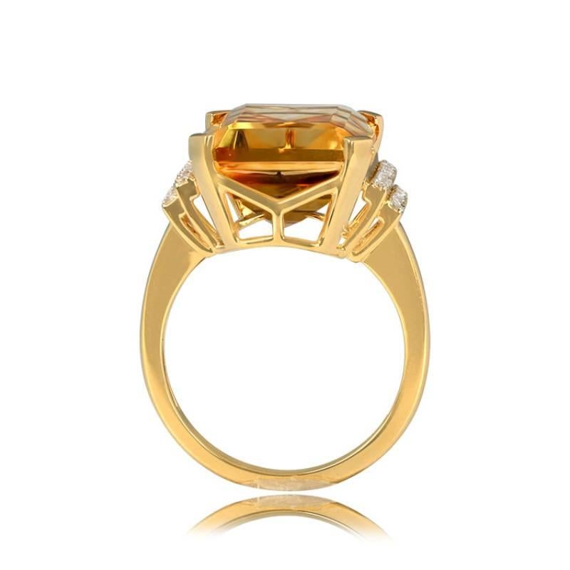 Women's 11.35ct Emerald Cut Natural Citrine Cocktail Ring, 18k Yellow Gold For Sale