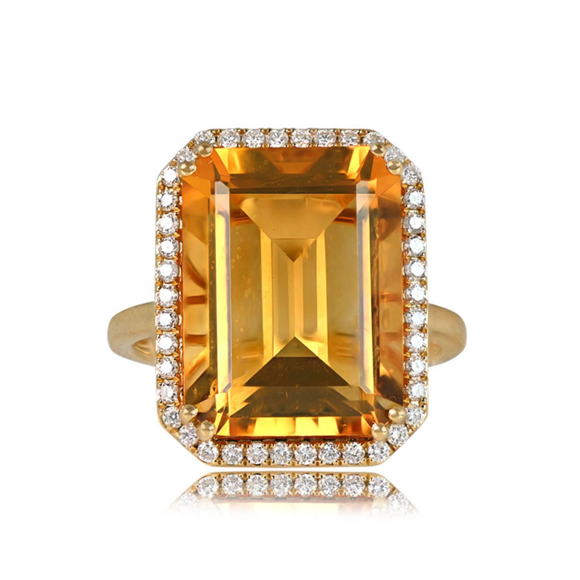 Elevate your style with this vibrant emerald-cut natural citrine cocktail ring. Boasting an 11.35-carat deep orange citrine, delicately secured in 18k yellow gold double prongs, the ring exudes opulence. A captivating halo of round brilliant-cut