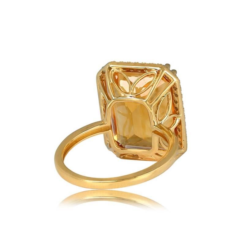 Art Deco 11.35ct Emerald Cut Natural Citrine Cocktail Ring, Diamond Halo, 18k Yellow Gold For Sale