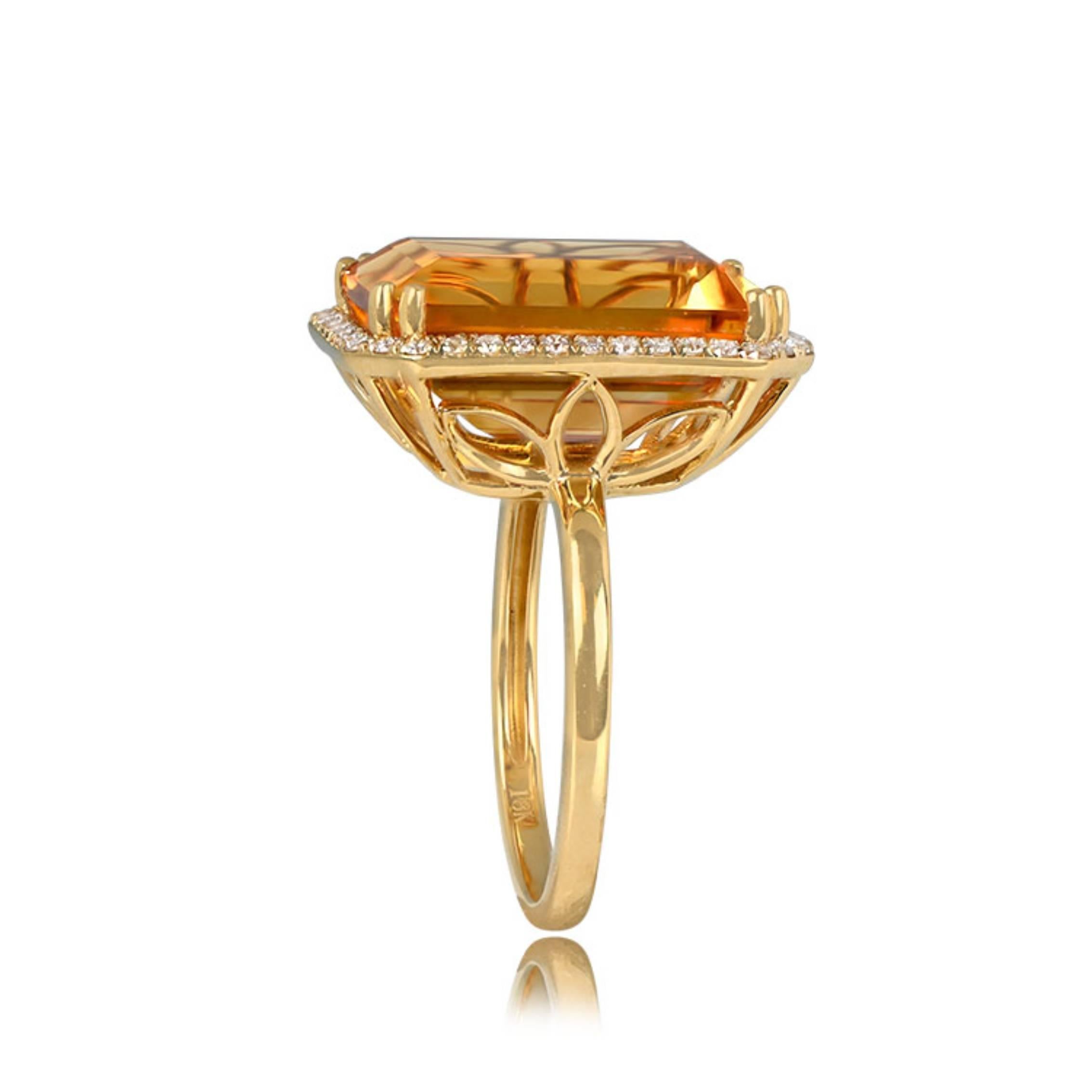 11.35ct Emerald Cut Natural Citrine Cocktail Ring, Diamond Halo, 18k Yellow Gold In Excellent Condition For Sale In New York, NY
