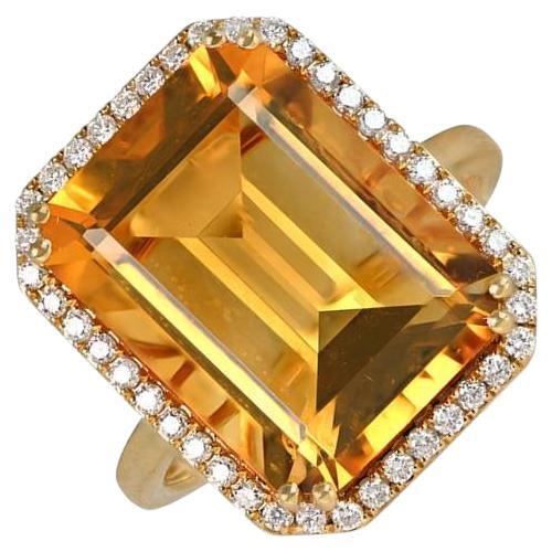 11.35ct Emerald Cut Natural Citrine Cocktail Ring, Diamond Halo, 18k Yellow Gold For Sale