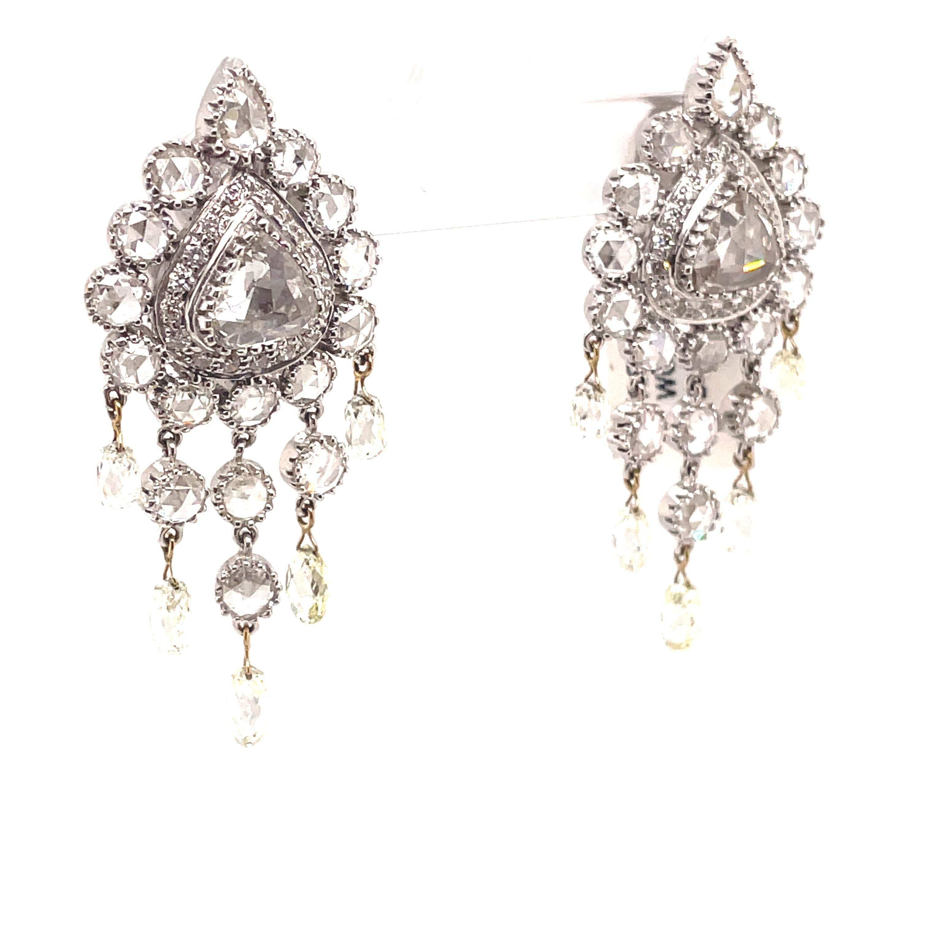 Victorian 11.35ct Rose Cut & Briolette Diamond Chandelier Earrings 18k White Gold For Sale