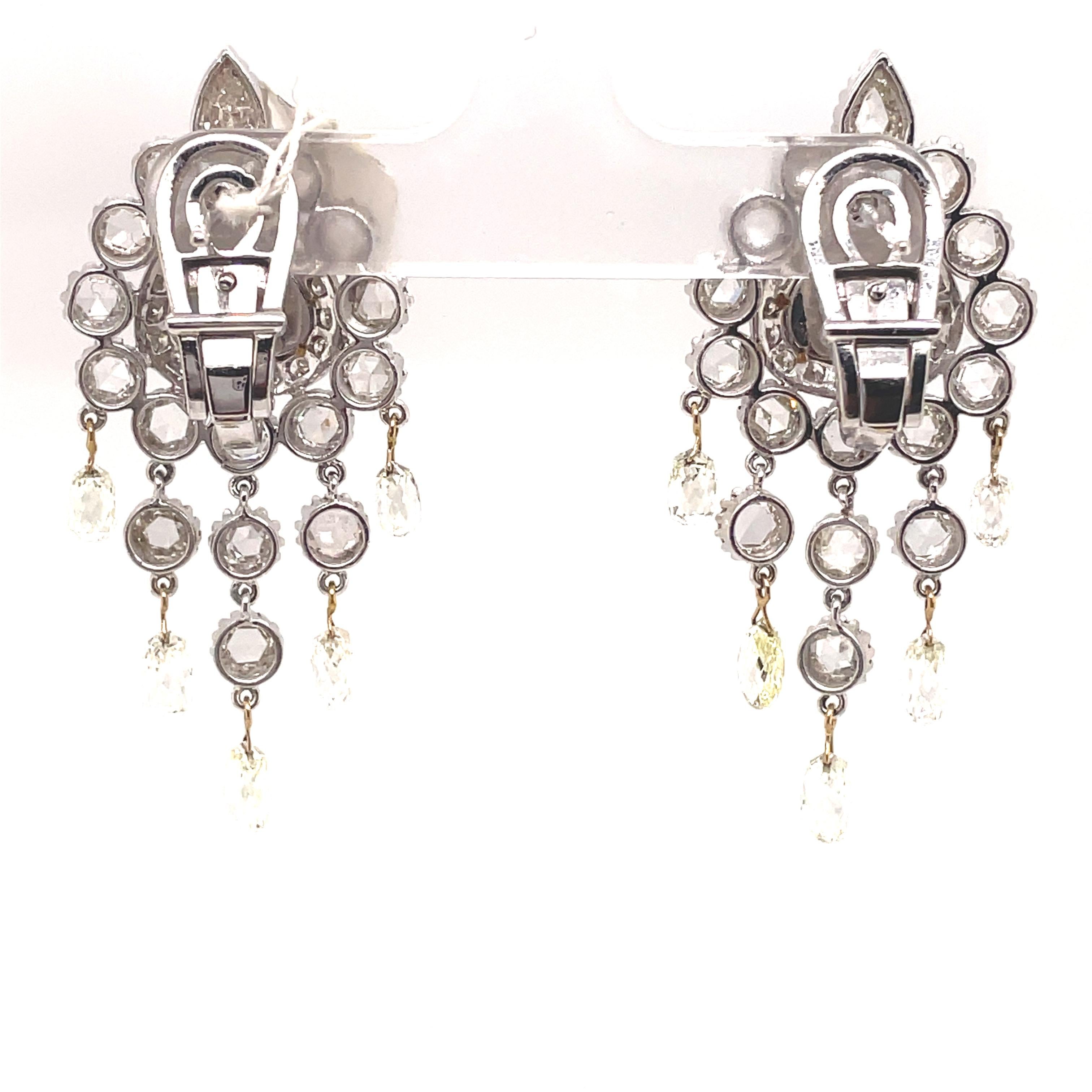 Women's 11.35ct Rose Cut & Briolette Diamond Chandelier Earrings 18k White Gold For Sale