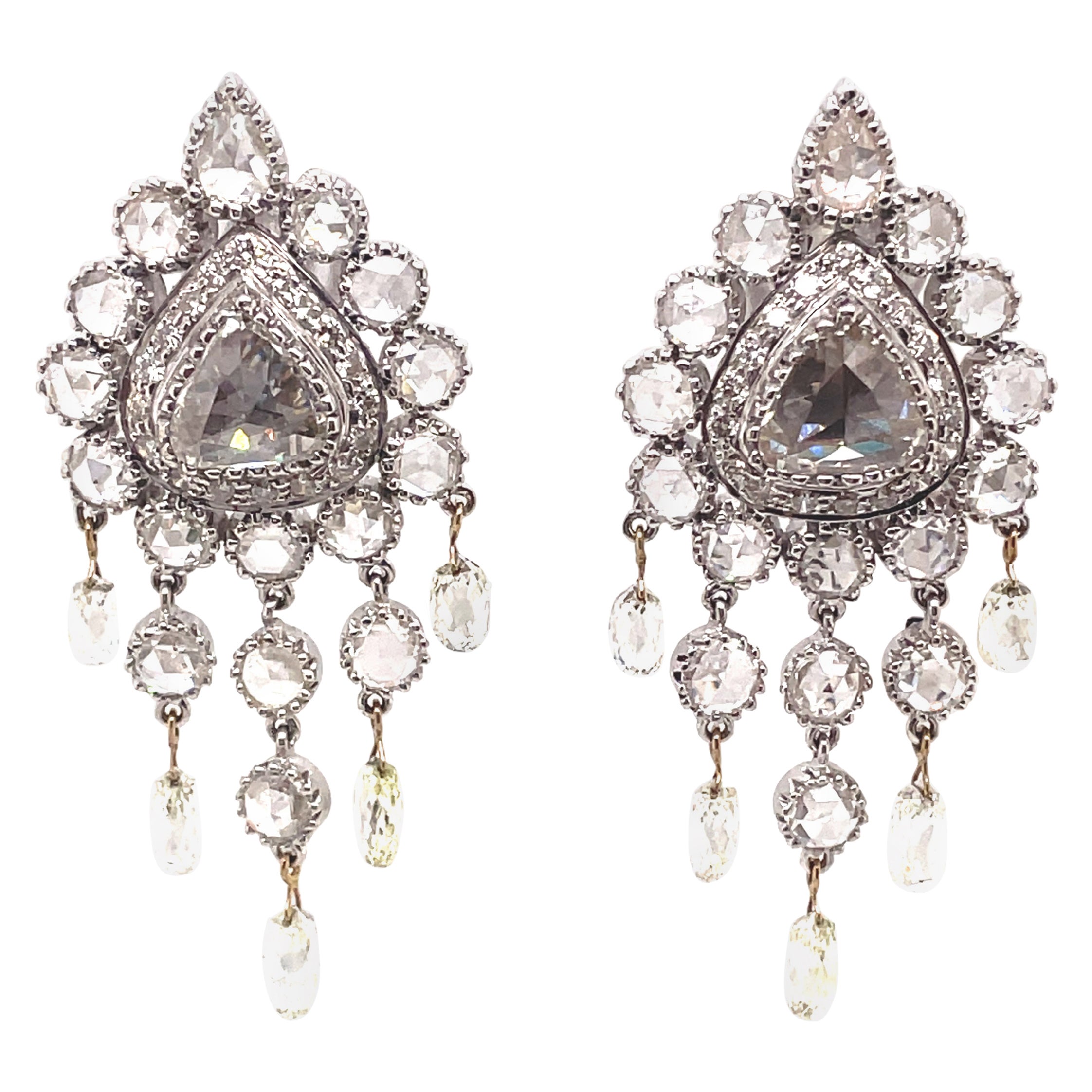 11.35ct Rose Cut & Briolette Diamond Chandelier Earrings 18k White Gold