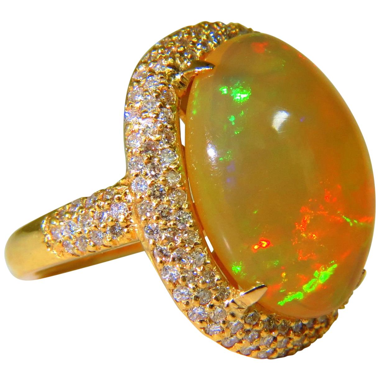 11.36 Carat Natural Holographic Opal Diamond Ring 14 Karat Rare For Sale