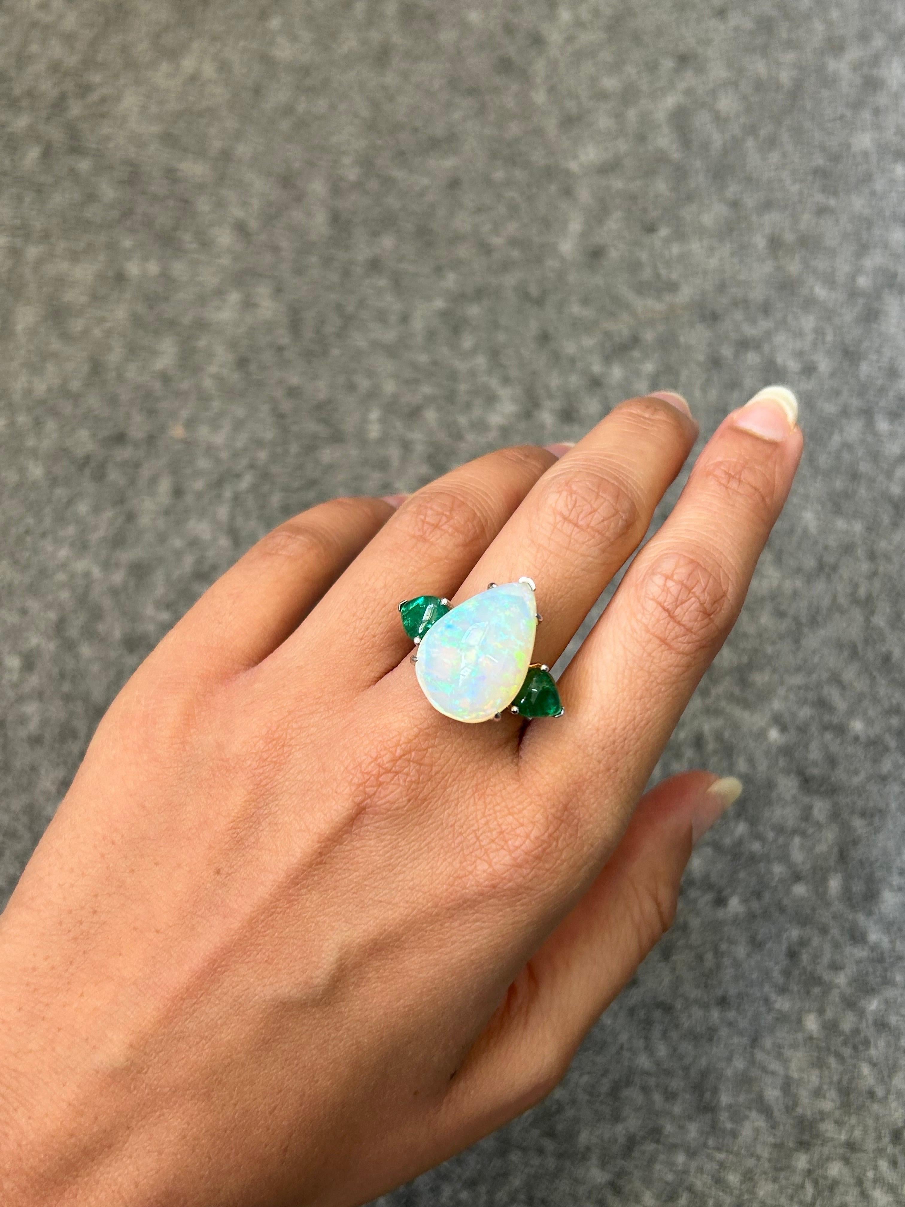 Cabochon 11.36 Carat Pear Shape Opal and Emerald Three Stone Cocktail Ring For Sale