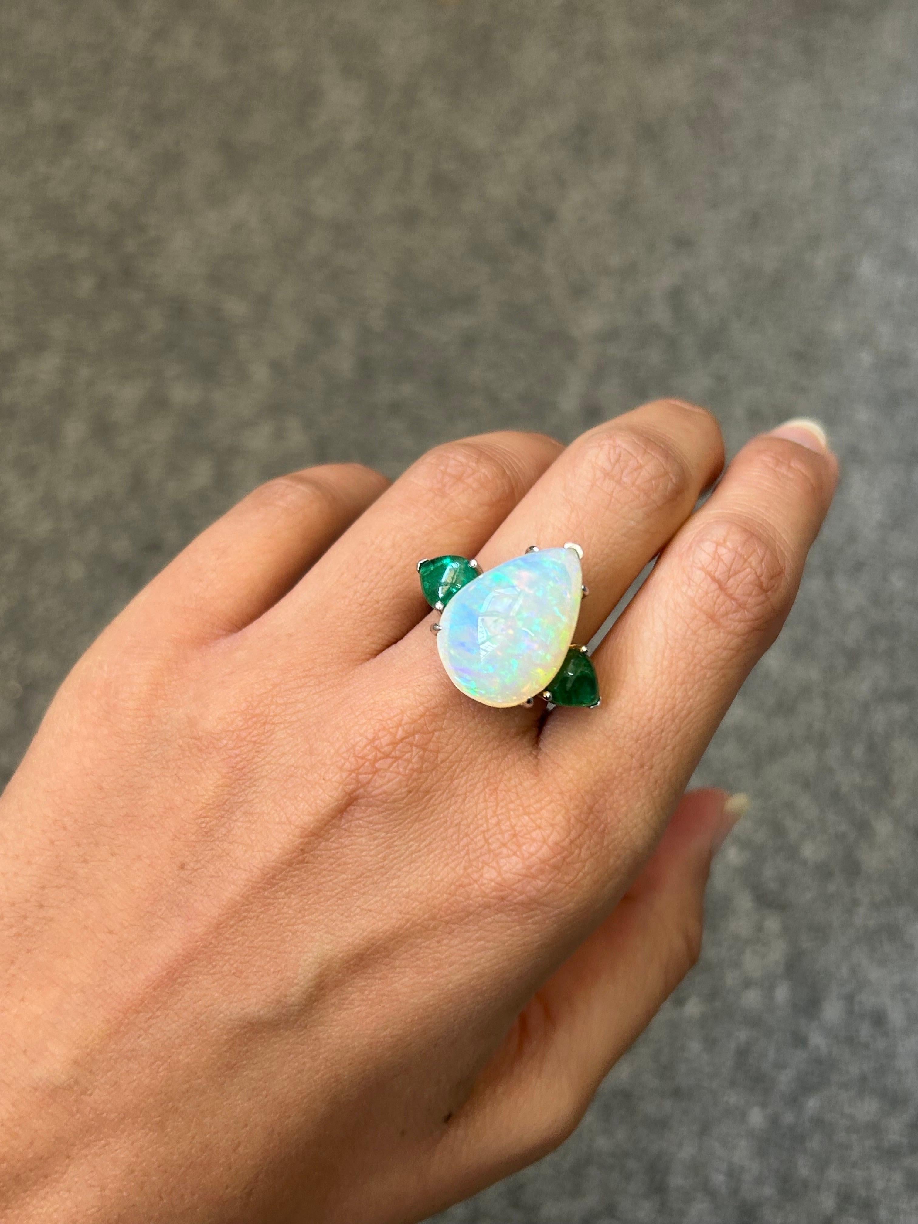 11.36 Carat Pear Shape Opal and Emerald Three Stone Cocktail Ring In New Condition For Sale In Bangkok, Thailand