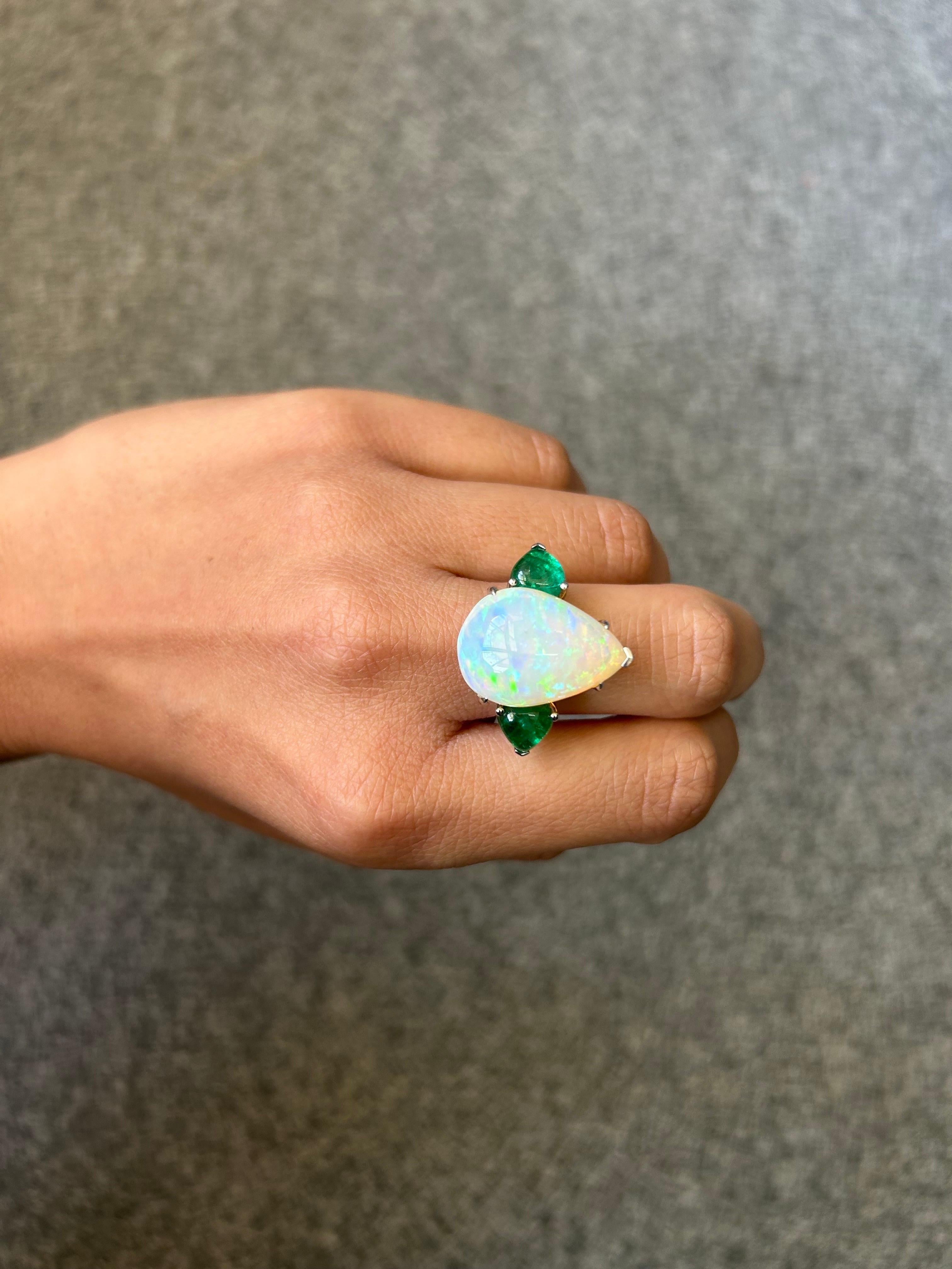 11.36 Carat Pear Shape Opal and Emerald Three Stone Cocktail Ring For Sale 1