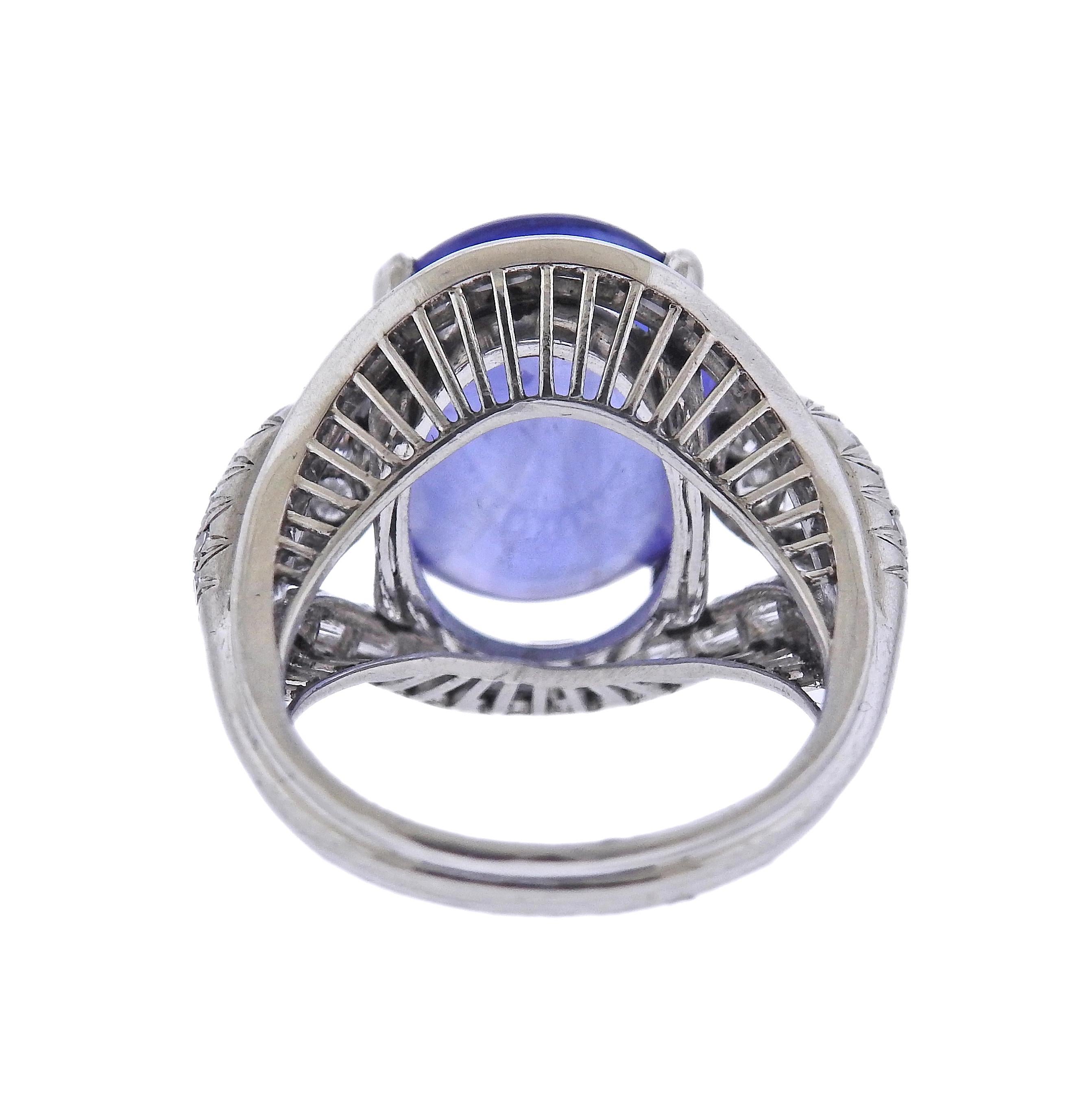11.36 Carat Sapphire Cabochon Diamond Platinum Ring In Excellent Condition For Sale In New York, NY