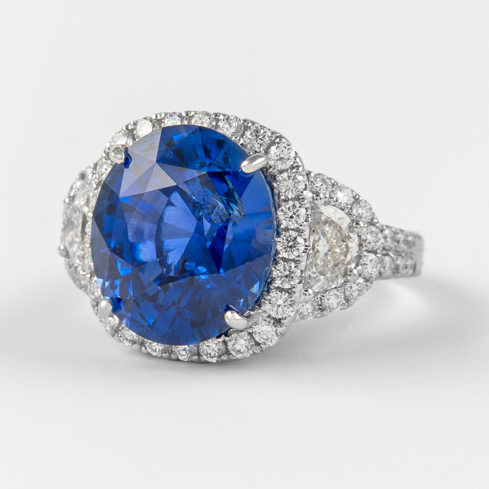 Oval Cut Alexander GIA 11.36ct Sapphire with Diamond Three Stone Halo Ring 18K White Gold For Sale