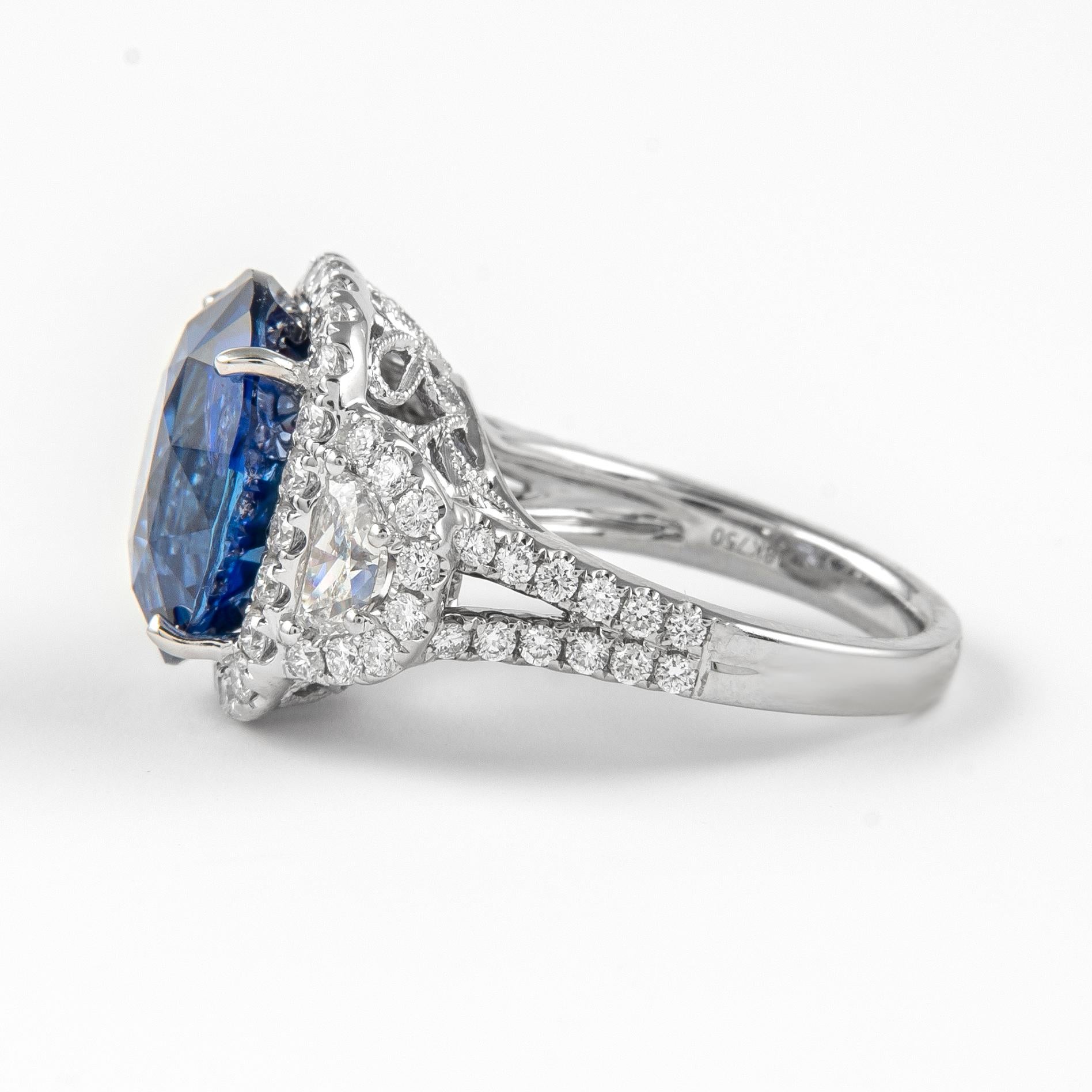 Alexander GIA 11.36ct Sapphire with Diamond Three Stone Halo Ring 18K White Gold In New Condition For Sale In BEVERLY HILLS, CA