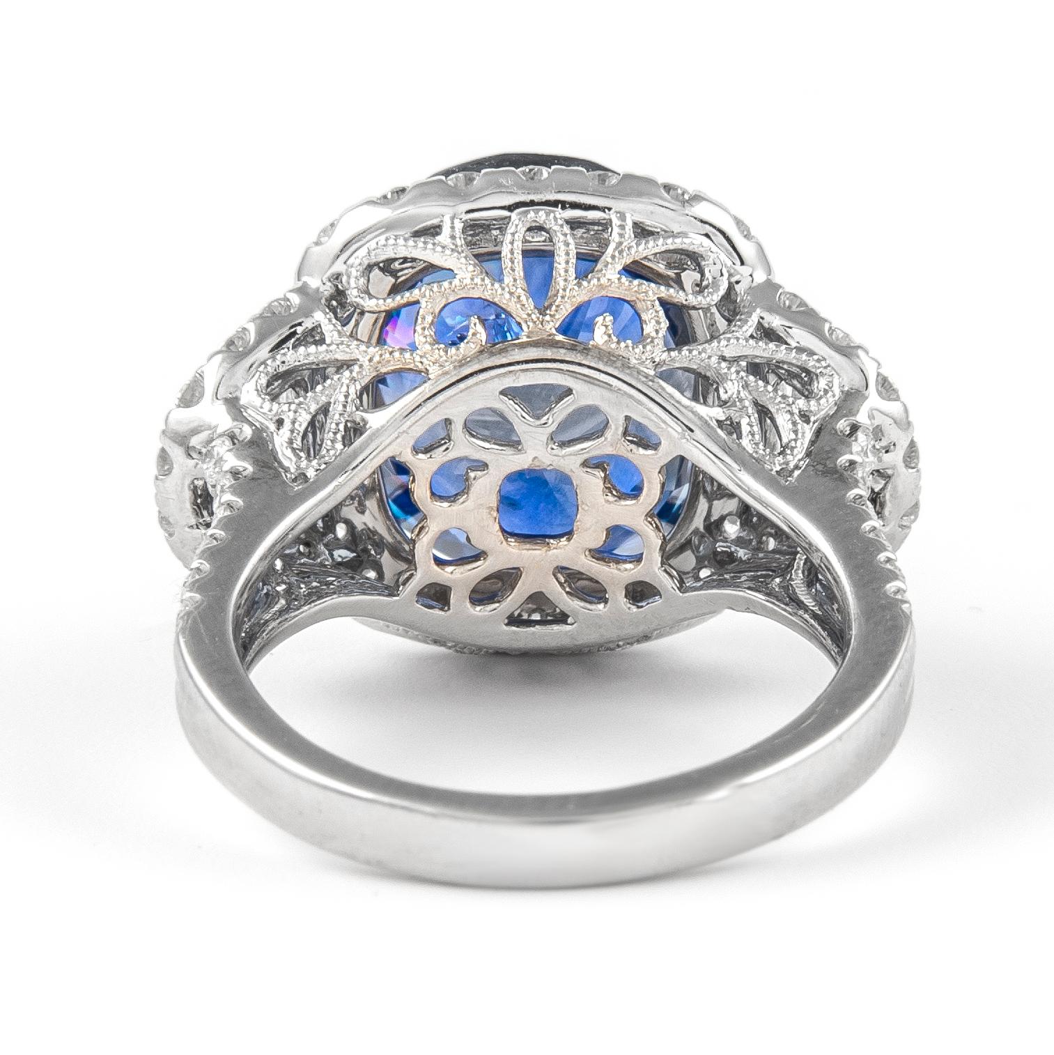 Women's Alexander GIA 11.36ct Sapphire with Diamond Three Stone Halo Ring 18K White Gold For Sale