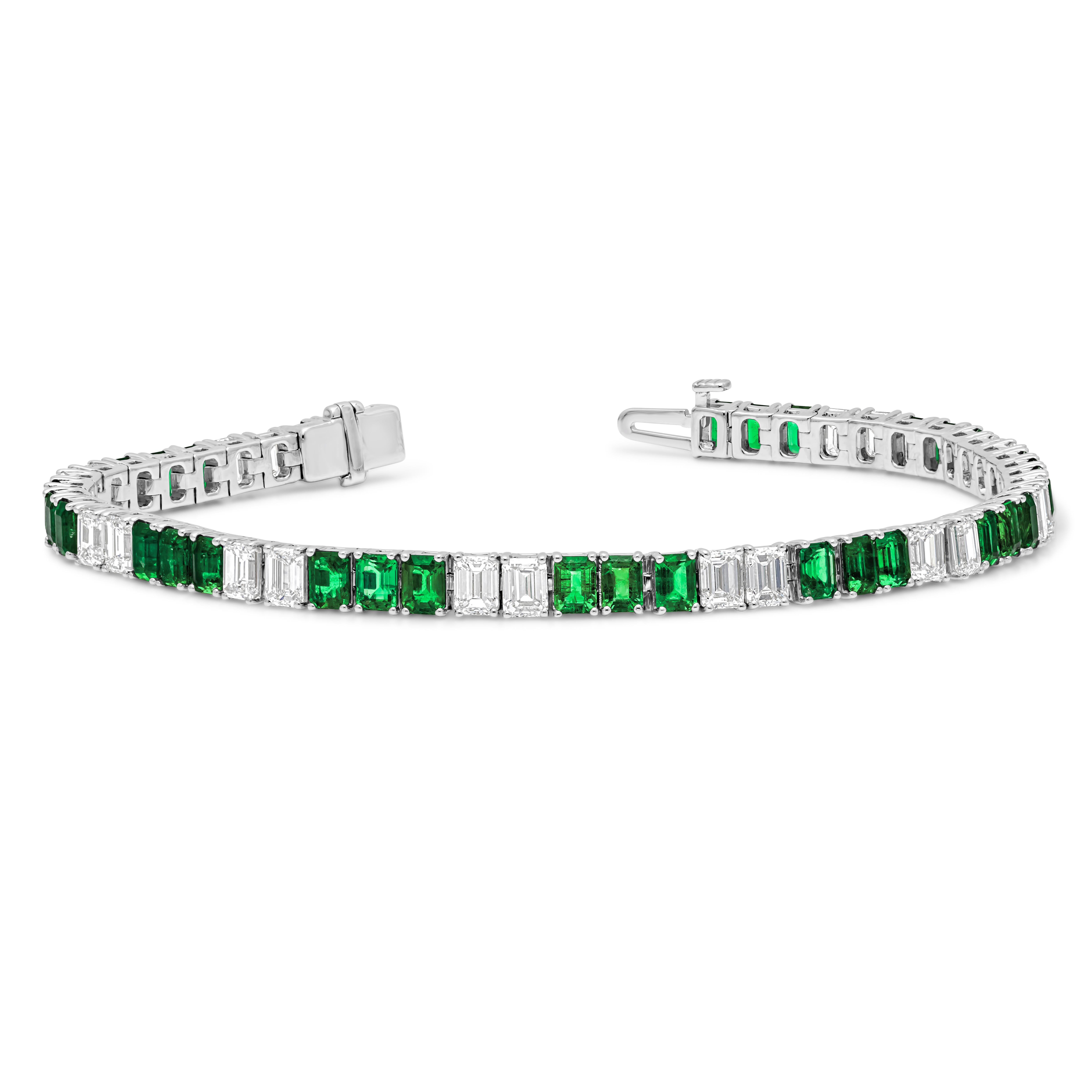 Contemporary Roman Malakov 11.36 Carats Total Emerald Cut Emerald & Diamond Tennis Bracelet For Sale