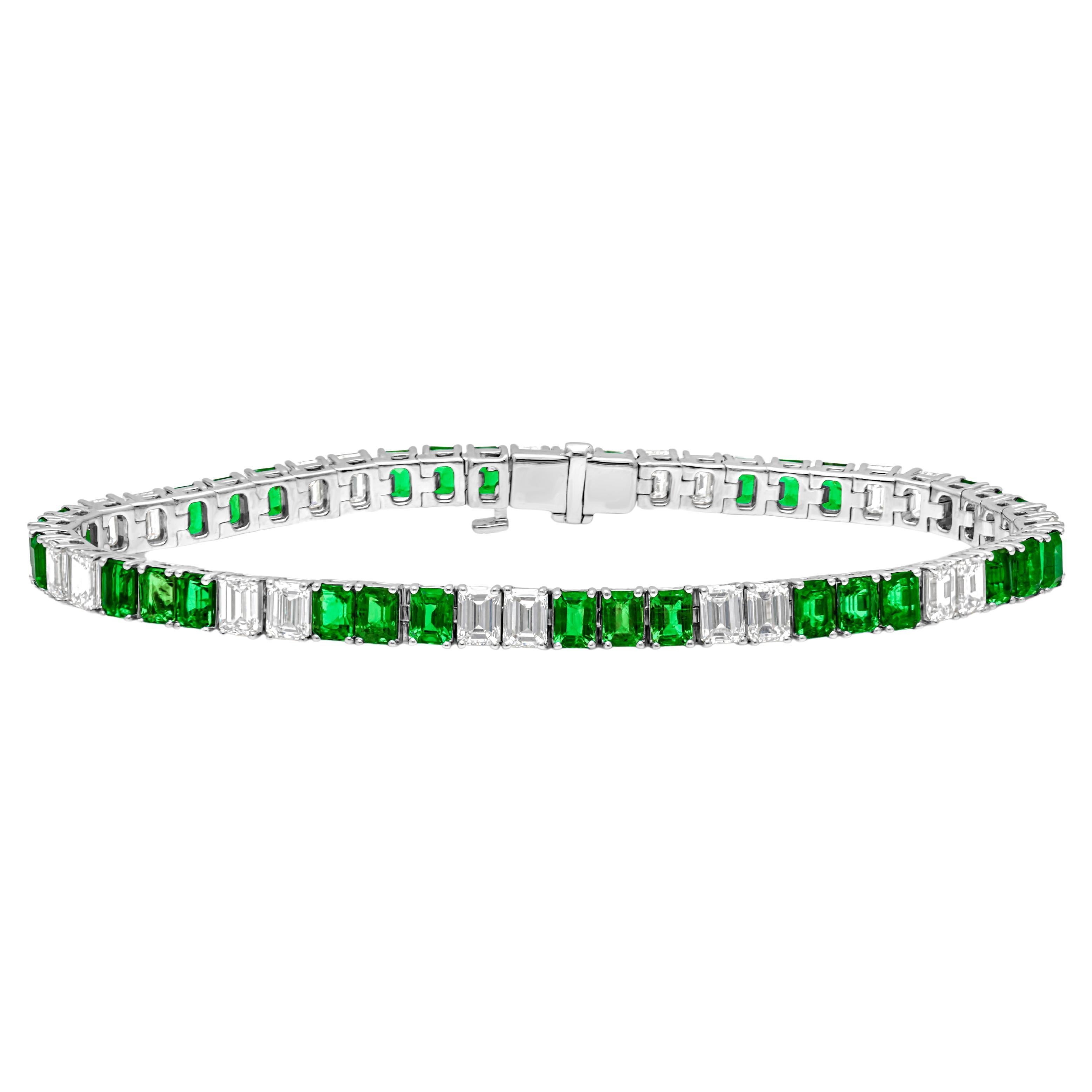 Roman Malakov 11.36 Carat Total Emerald Cut Emerald & Diamond Tennis Bracelet