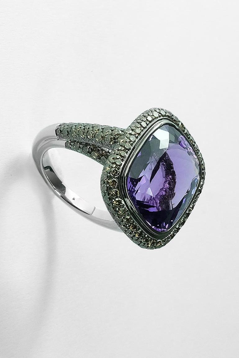 18K white Gold : 9.11 Grams
11.36 Carat Amethyst
2.16 Carat Champagne Diamonds 
Ring Size: Size 6.5 (can be sized)

All De Falbert Jewelry is new and has never been previously owned or worn. 
Each item will arrive at your door beautifully gift