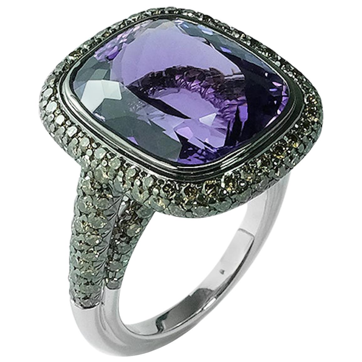 11.36 Carat Cushion Cut Amethyst and Champagne Diamonds Cocktail Ring For Sale