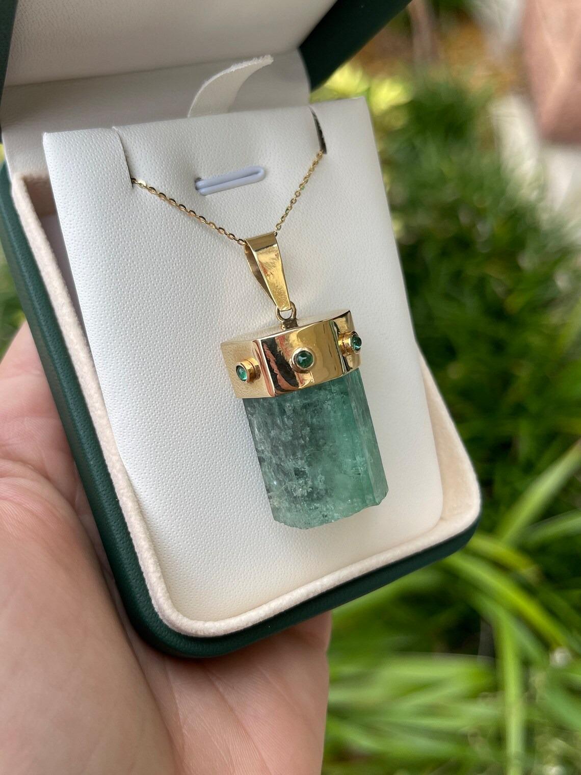 Artisan 113.60tcw Natural Raw Rough Crystal Emerald & Cabochon Emerald Accent Pendant For Sale