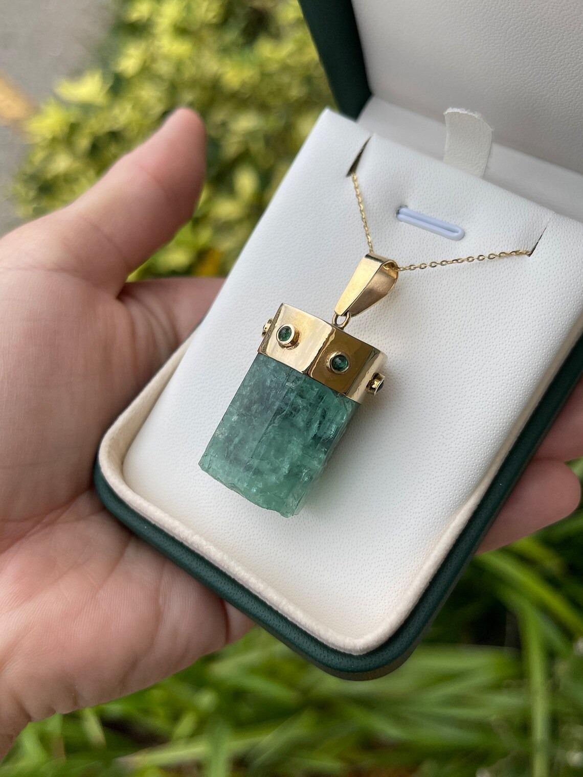 Artisan 113.60tcw Natural Raw Rough Crystal Emerald & Cabochon Emerald Accent Pendant For Sale