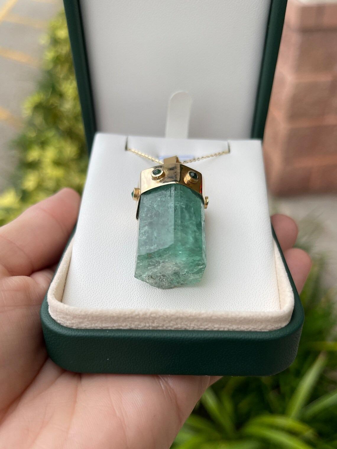 Rough Cut 113.60tcw Natural Raw Rough Crystal Emerald & Cabochon Emerald Accent Pendant For Sale