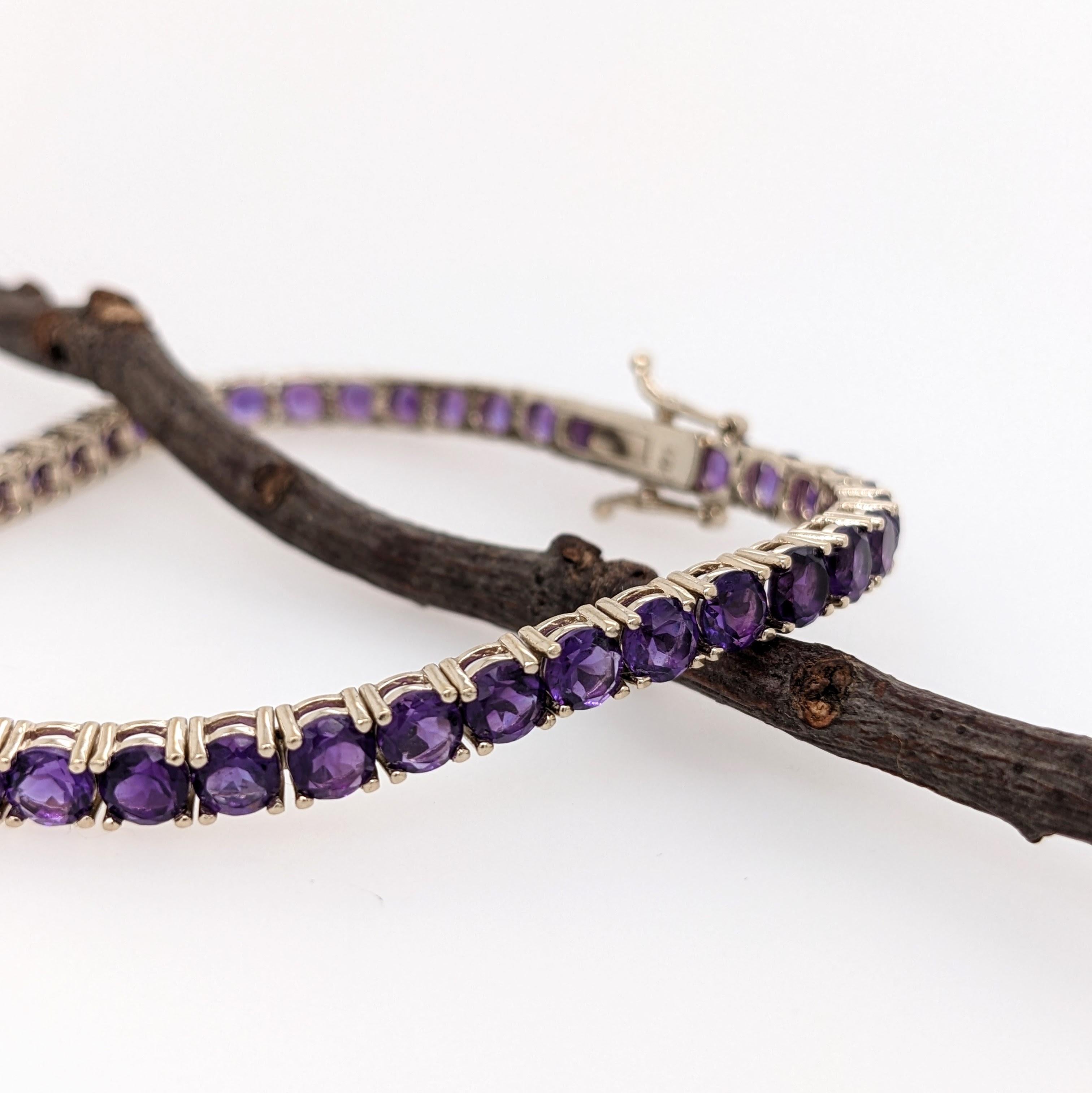 Adorn your wrist with this classic tennis bracelet design featuring 46 round Amethyst gemstones! A wonderful piece of jewelry to gift lovers of purple and February birthdays.

Specifications

Item Type: Bracelet
Center Stone: Amethyst
Treatment: