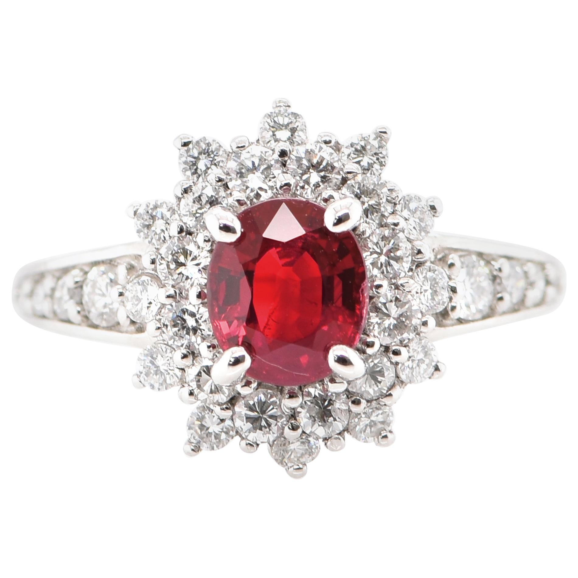 1.137 Carat Ruby and Diamond Double Halo Ring Set in Platinum