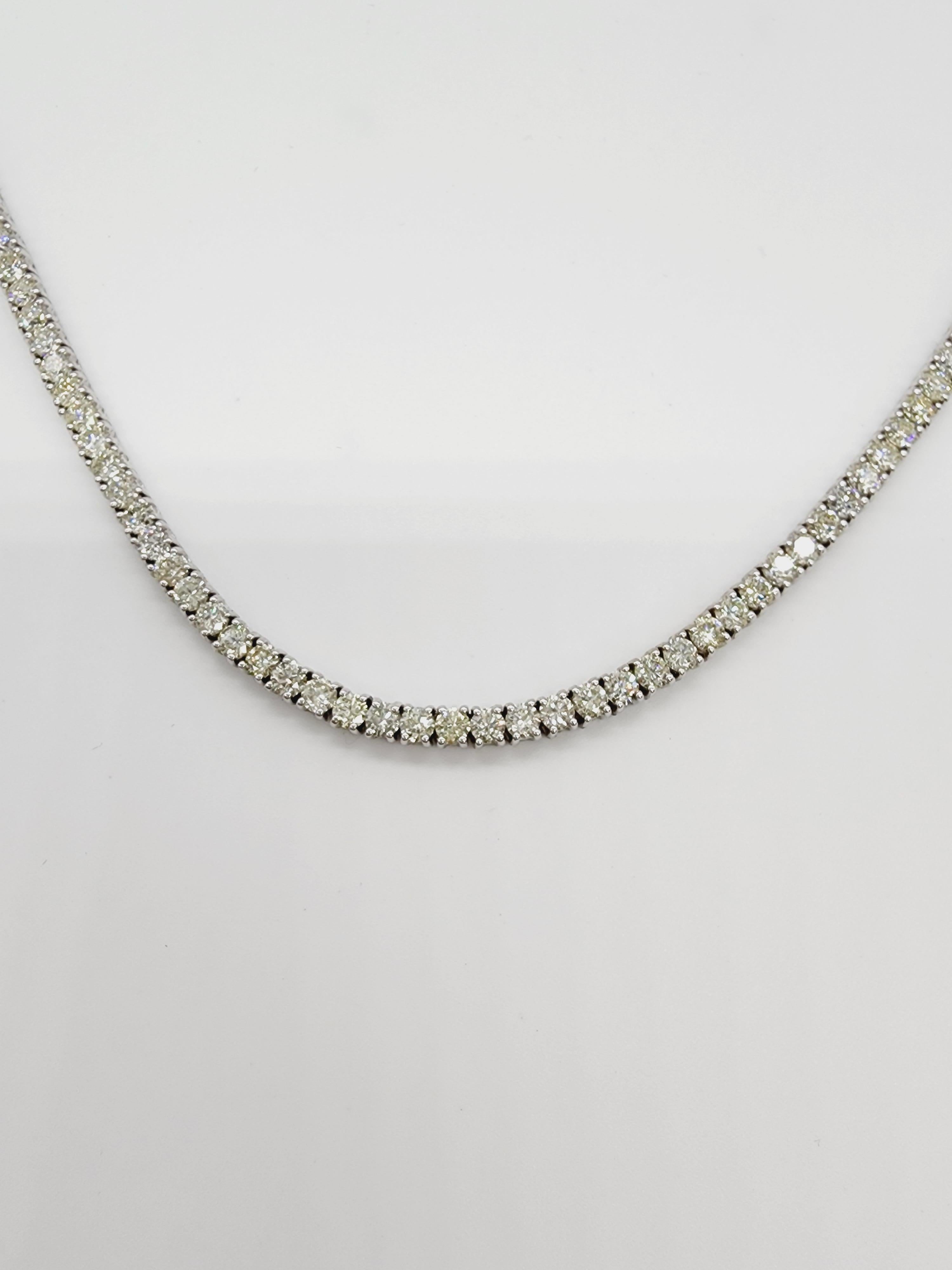 Round Cut 11.38 Carat Round Natural Diamond Tennis Necklace 14 Karat White Gold 16'' For Sale