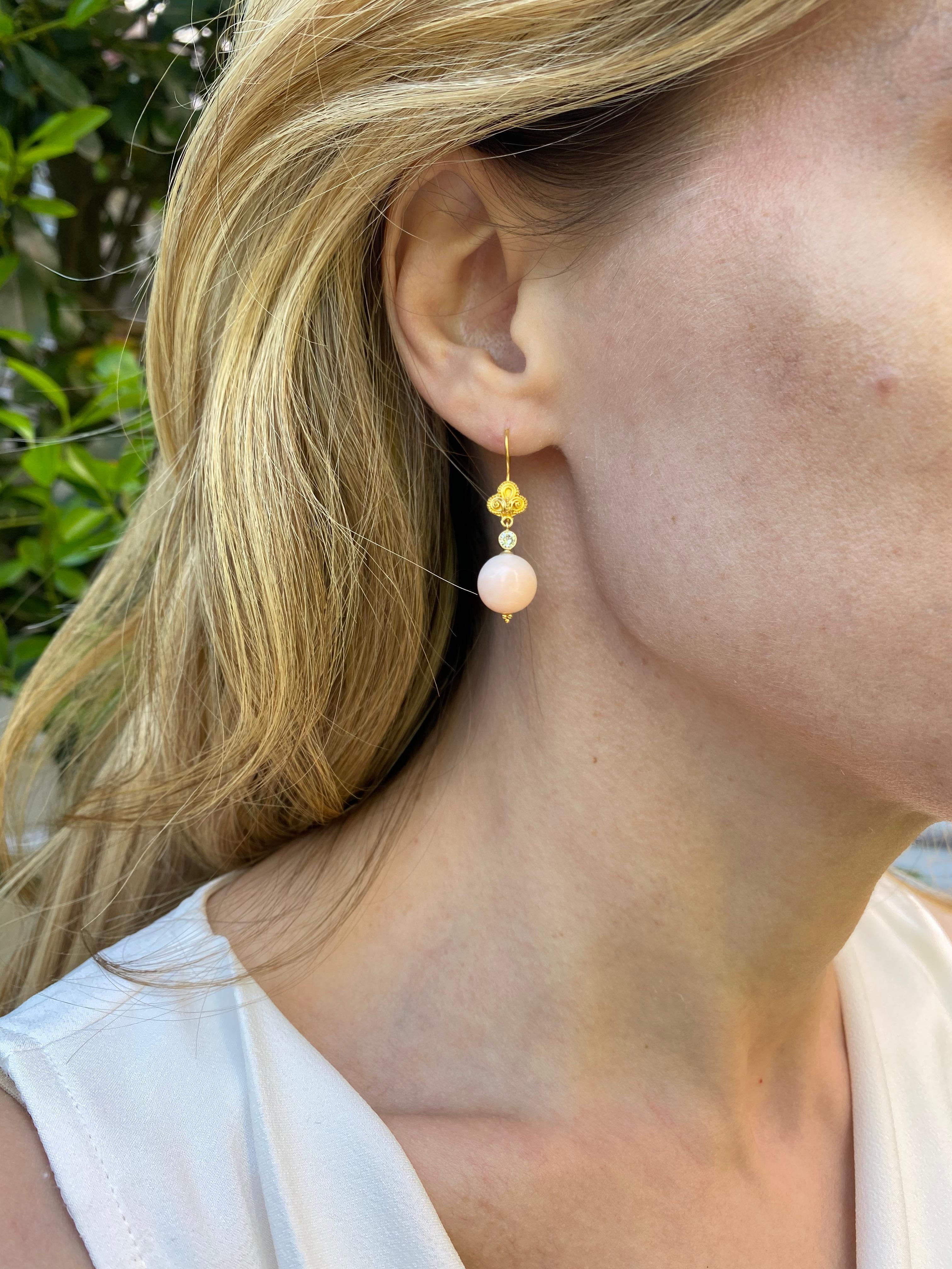 Modern Vintage Angel Skin Coral with Diamonds in 18 Karat Yellow Gold Earrings