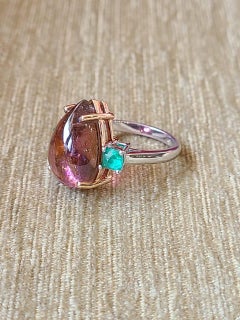 11.39 Carats, Rubellite Cabochon & Emerald Sugarloafs Cocktail/ Three-Stone Ring